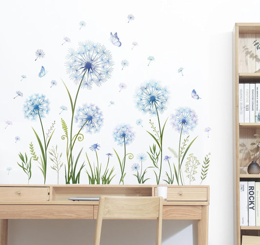 Dandelion Flower Butterfly Wall Decals Blue Dandelion Plants Floral Wall Stickers Peel and Stick Vinyl Wall Art Decor for Living Room Bedroom Office TV Sofa Backdrop Home Decor Gifts for Mom