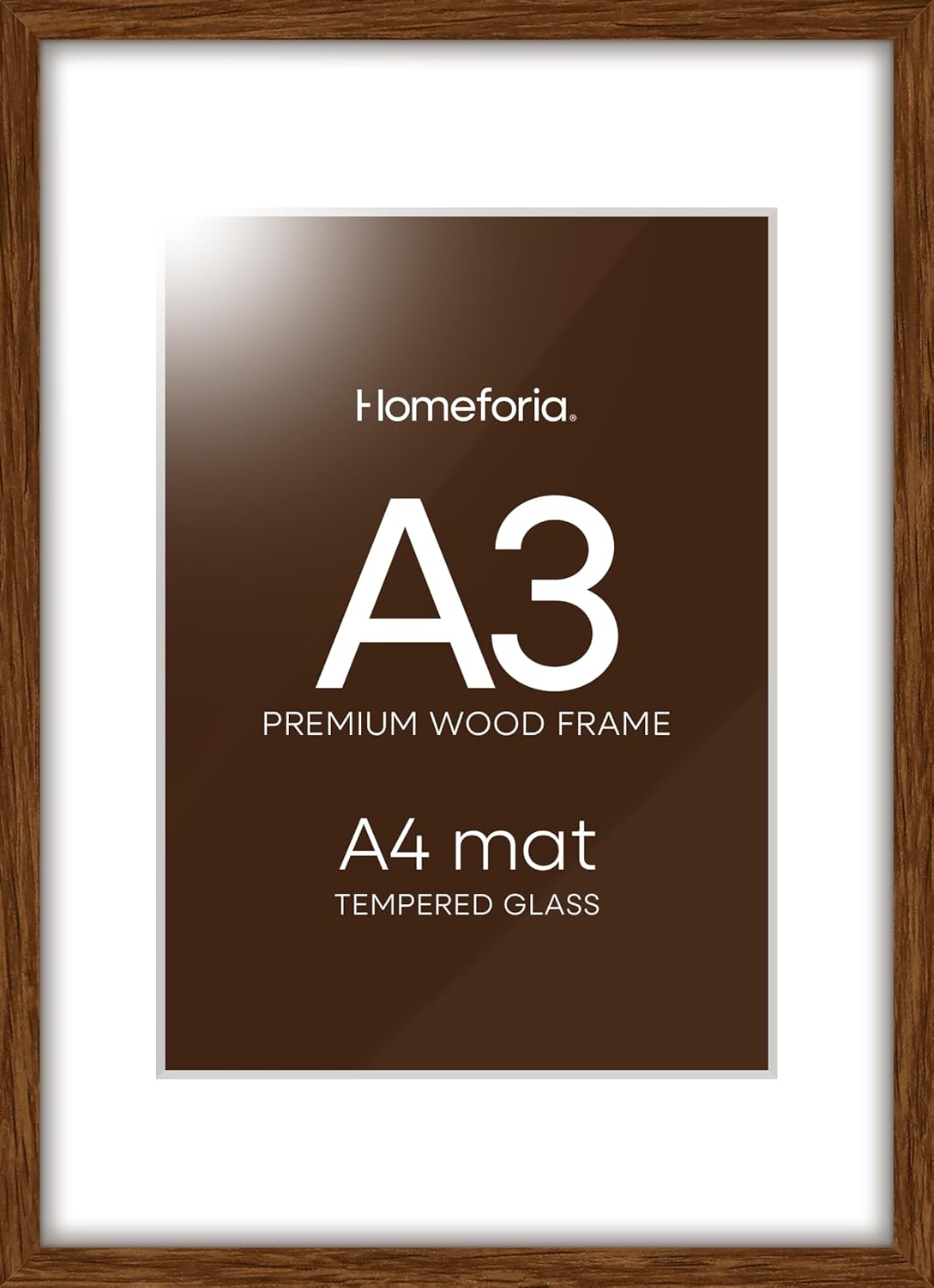 Homeforia A3 Picture Frame Brown Wood, High-End Dark Oak 11.7 x 16.5 Poster Walnut Frames Matted to 8.3 by 11.7 inch Photo, A3 Size Wooden Frame with Mat for A4 Art, Tempered Glass, Wall Kit, Set of 1