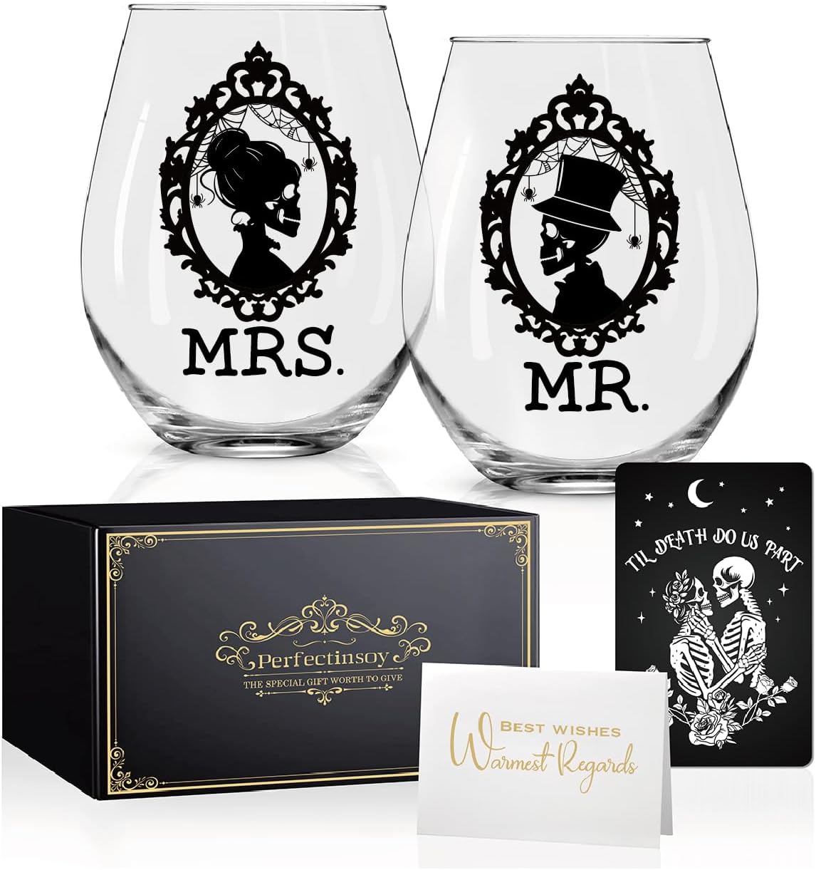 Perfectinsoy Skull Wine Glass 2 Piece with Gift Box, Zombie Design, Valentine's Day Autumn Halloween, Anniversary Wedding Gifts, Couple Gifts for Boyfriend and Girlfriend. (Mrs Mr Set of 2)