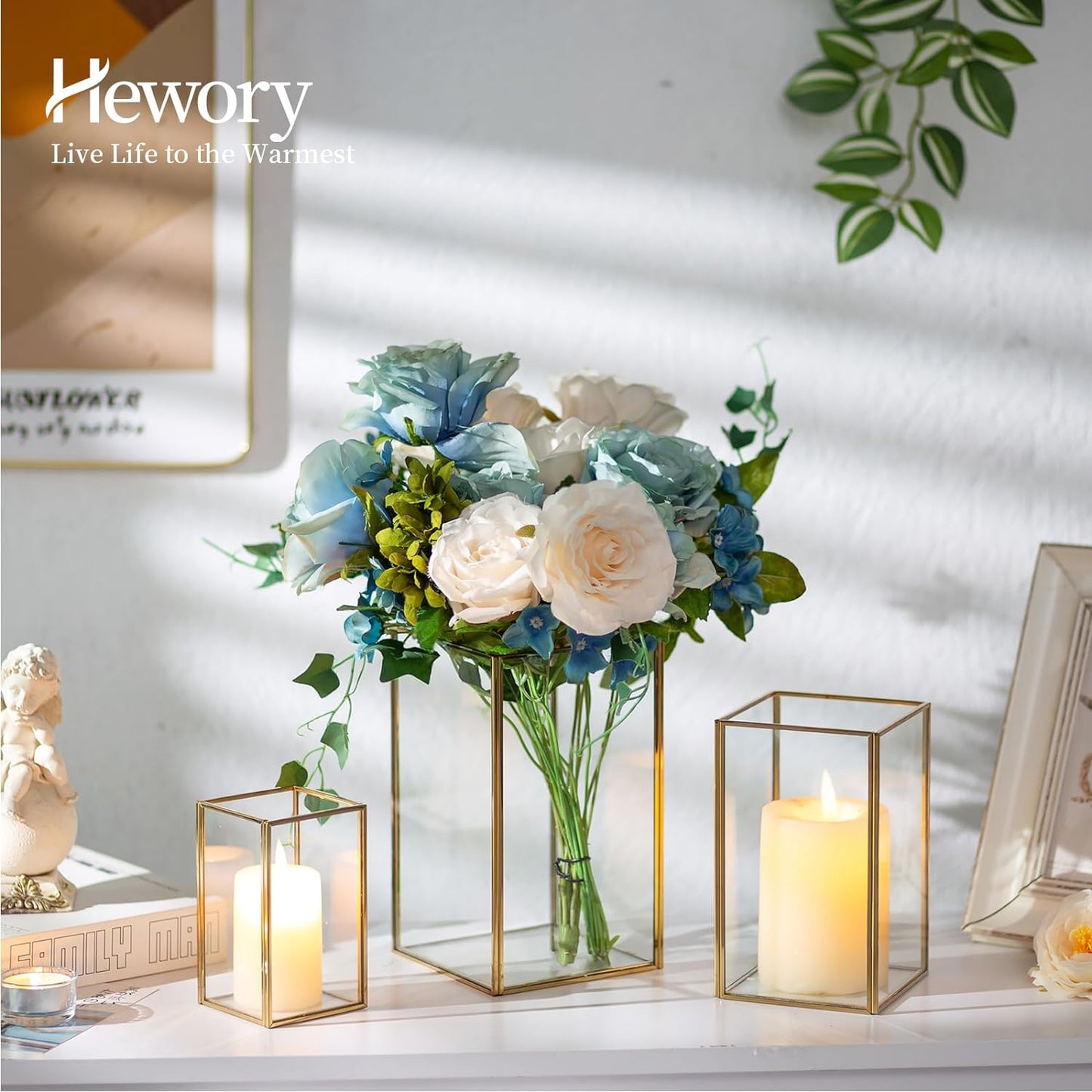 Glass Hurricane Candle Holder Large - Hewory 18pcs Gold Rectangle Flower Holders Centerpiece for Table, Tall Floor Square Pillar Candle Lantern for Wedding, Anniversary, Party, Fireplace, Dining Room