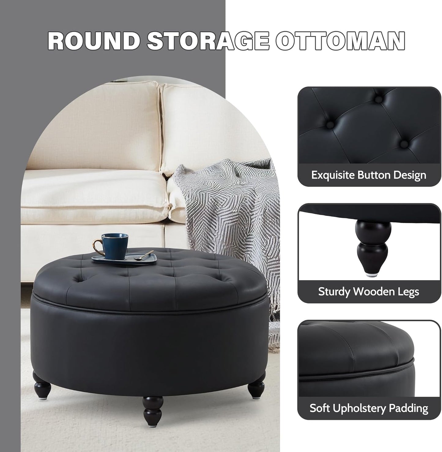 30-Inch Large Round Ottoman, Faux Leather Coffee Table with Removable Lid Top, Upholstered Footrest Modern Button Circle Storage Ottoman for Living Room, Office, PU Black
