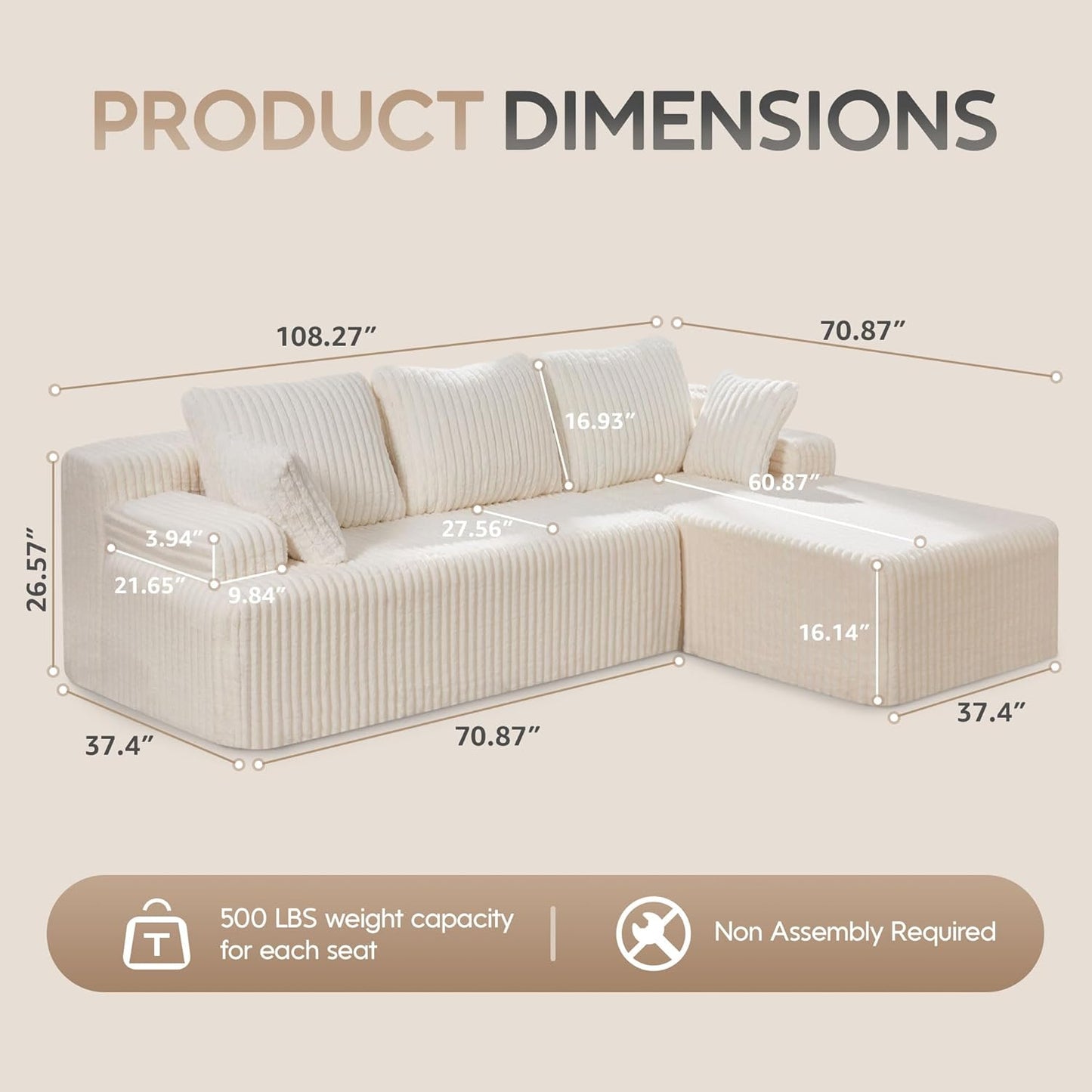 Hobestluk Modular Sectional Sofa Couches 108" L-Shape Couch 3 Seat Modular Sofa Memory Foam Sectional Couches for Living Room, Boneless Couch with Oversized Chaise (White, Right Facing)