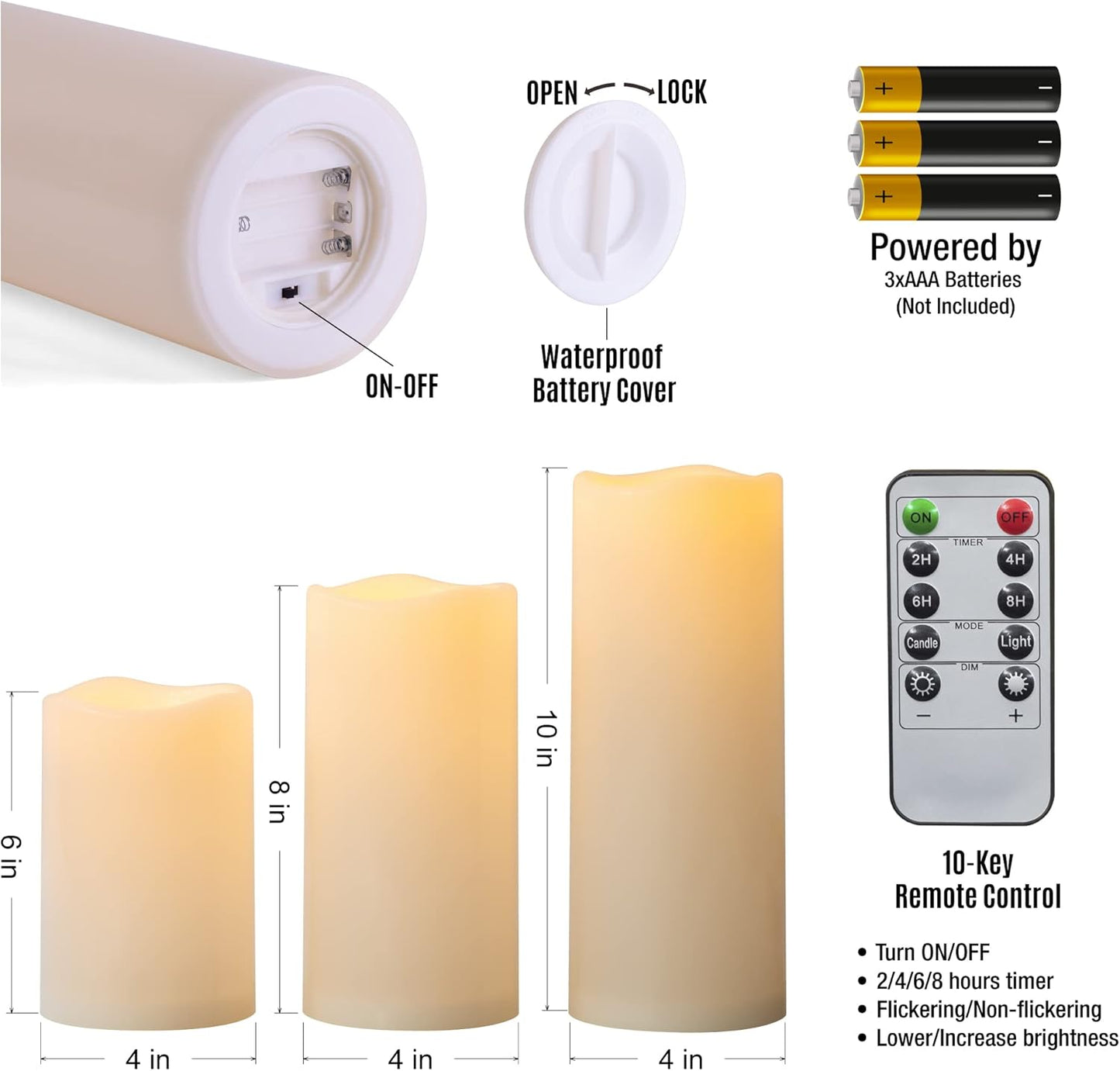 6" 8" 10" x 4" Waterproof Outdoor Flameless Candles Battery Operated LED Flickering Pillar Candles with Remote and Timer for Indoor Outdoor Lanterns, Long Lasting, Ivory White Large, Set of 3