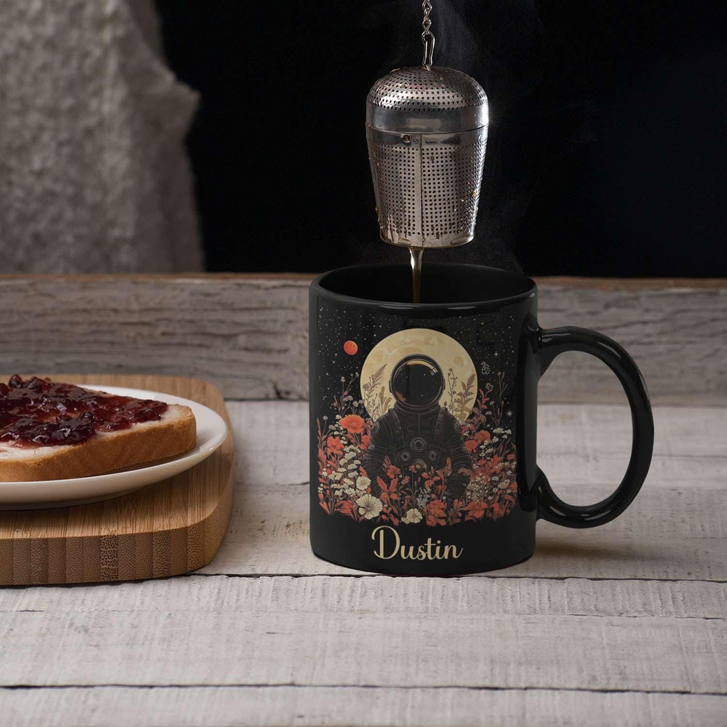 Astronaut with Moon and Wildflowers Coffee Mug, Custom Name Ceramic Cup 11oz 15oz, Unique Astronaut Coffee Cup for Friends, Personalized Astronomy Black Mug, Gifts for Birthday