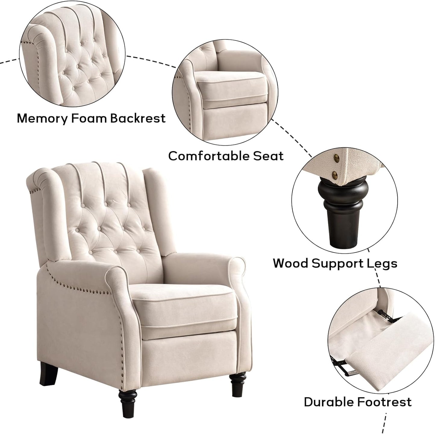 EBELLO 2 Pcs Pushback Recliner Chairs, Fabric Armchair Push Back Recliner with Rivet Decoration, Single Sofa Accent Chair for Living Room, Bedroom,Beige