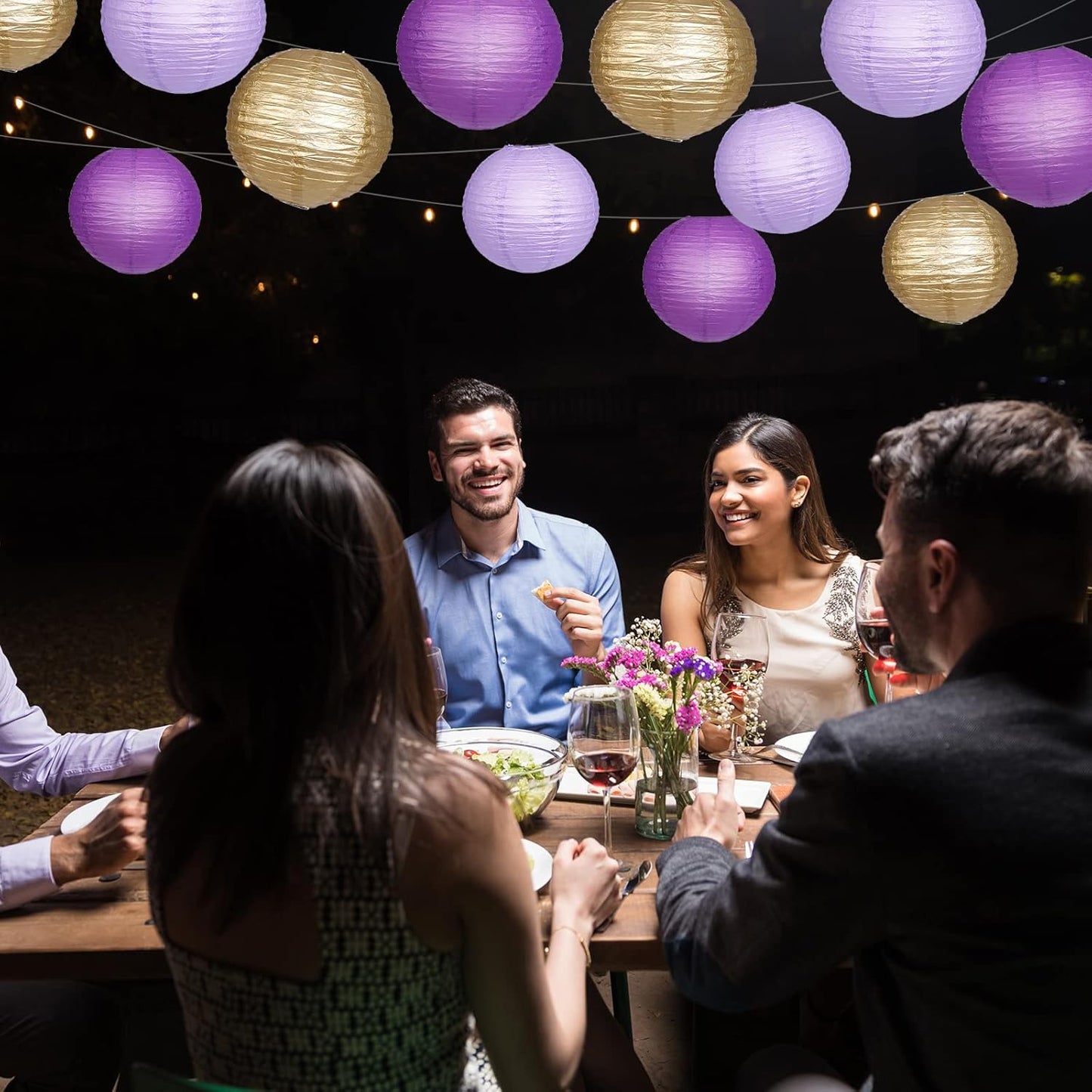 Paper Lanterns Decorative, Purple Lavender Gold Hanging Round Chinese Lanterns with Lights for Graduation Bachelorette Theme Birthday Party 12 LED Light Pack of 12