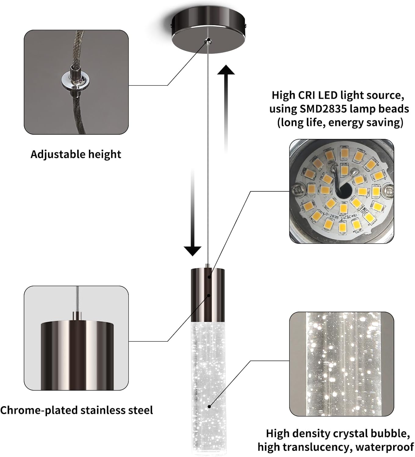 OKELI Modern Pendant Lights, LED Bubble Crystal Kitchen Island Lights Fixtures, Black Mini Single Pendant Lighting for Kitchen Island Bar,6W,6000K, ETL,3Pack