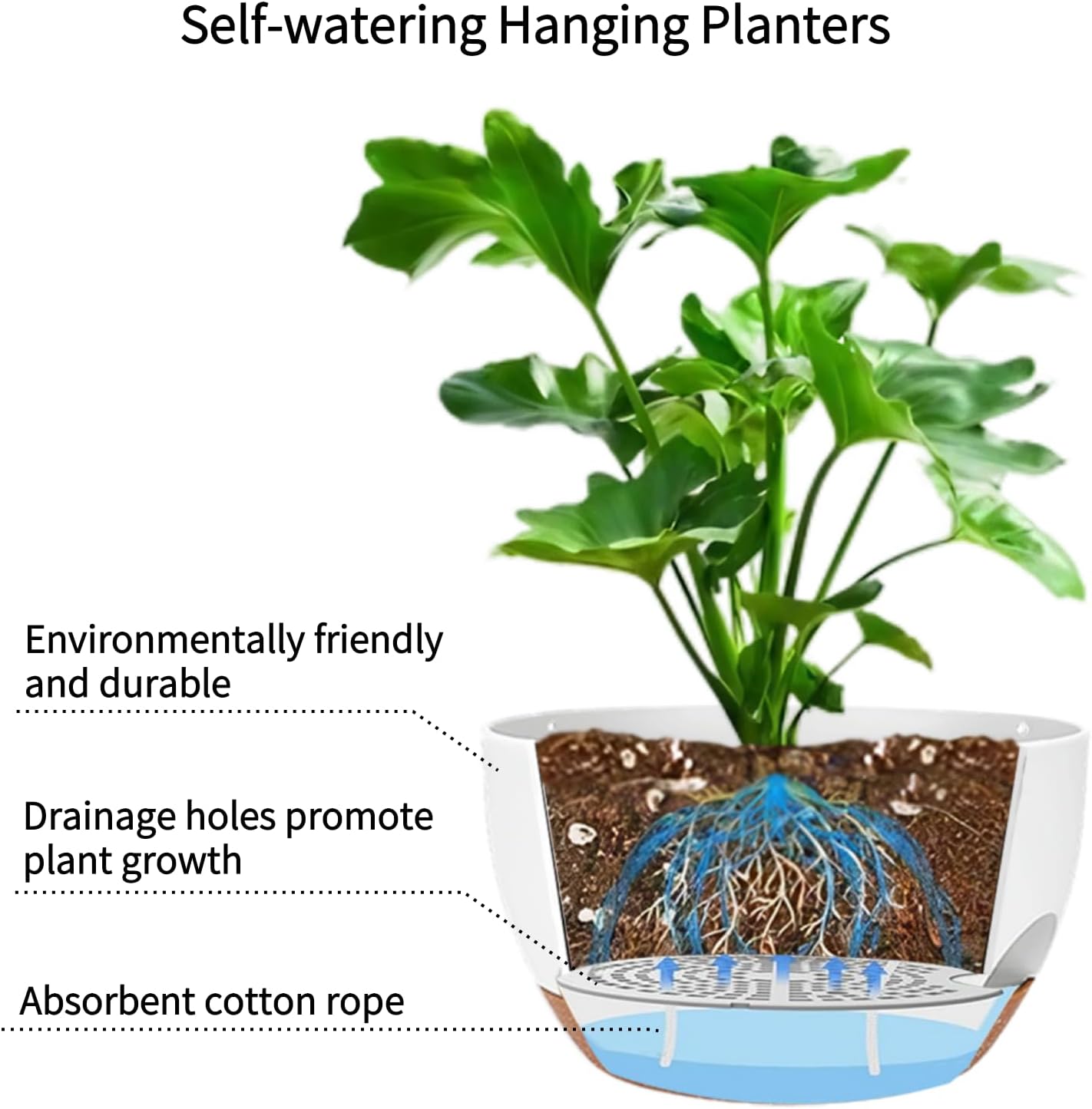 2 Pack Hanging Planters for Indoor Outdoor Plants, 12 Inch Self Watering Hanging Pot with Drainage Holes and Saucer, Plastic Plant Pots, White Brown Flower Pots for Kitchen, Balcony, Garden
