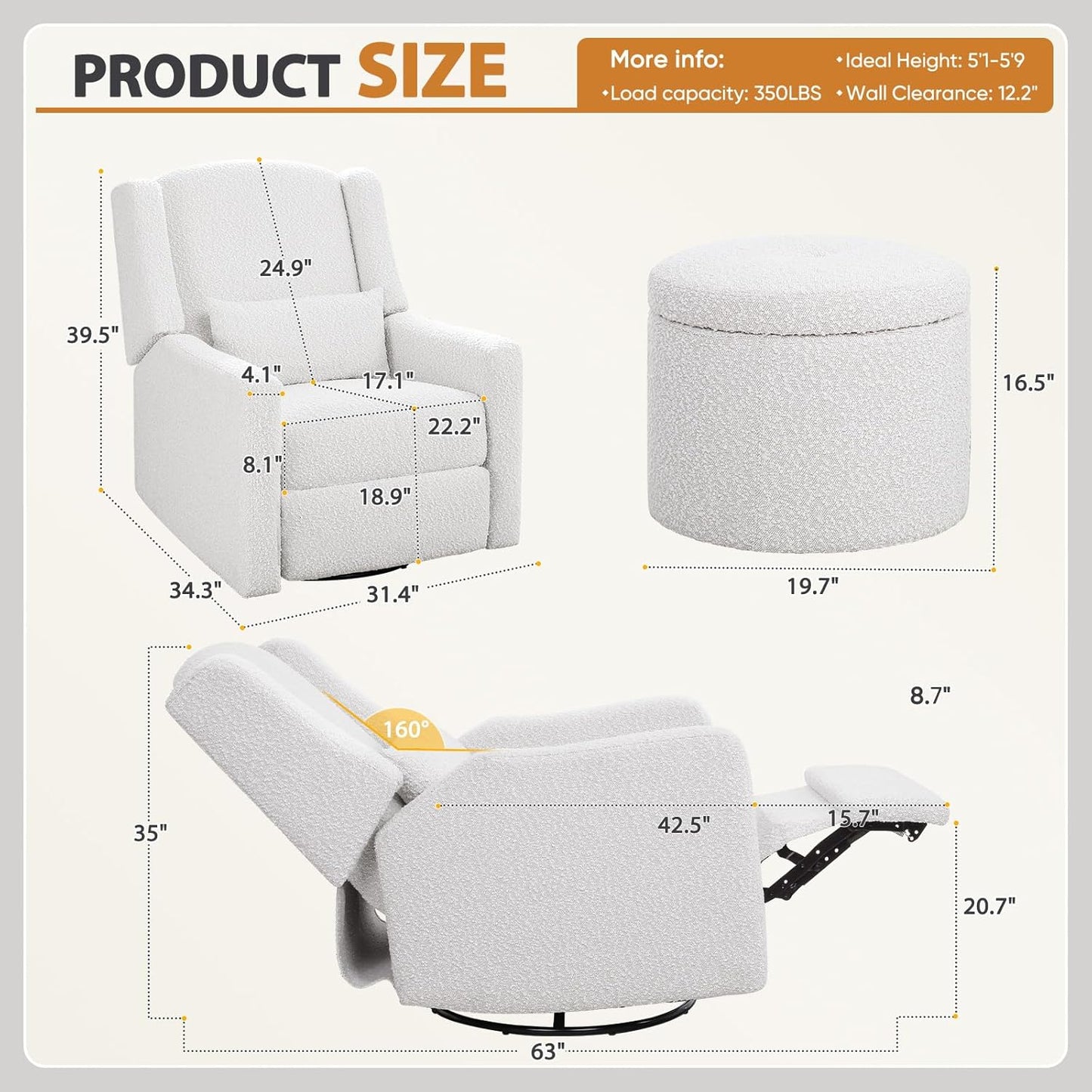 Power Recliner Chair Swivel Glider, Large Rocker Recliner with Ottoman & USB Charging Port, Boucle Upholstered Swivel Rocker Glider Recliner for Nursery,Bedroom,Living Room, Cream