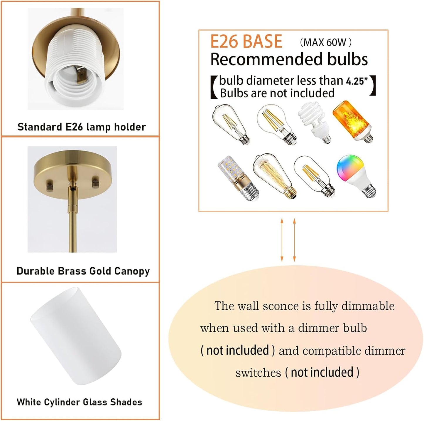 Modern Gold Pendant Light Brushed Brass Mid Century Chandelier White Cylinder Glass Shades Adjustable Rods Farmhouse Ceiling Hanging Lighting Fixture Kitchen Island Dining Room Bedroom