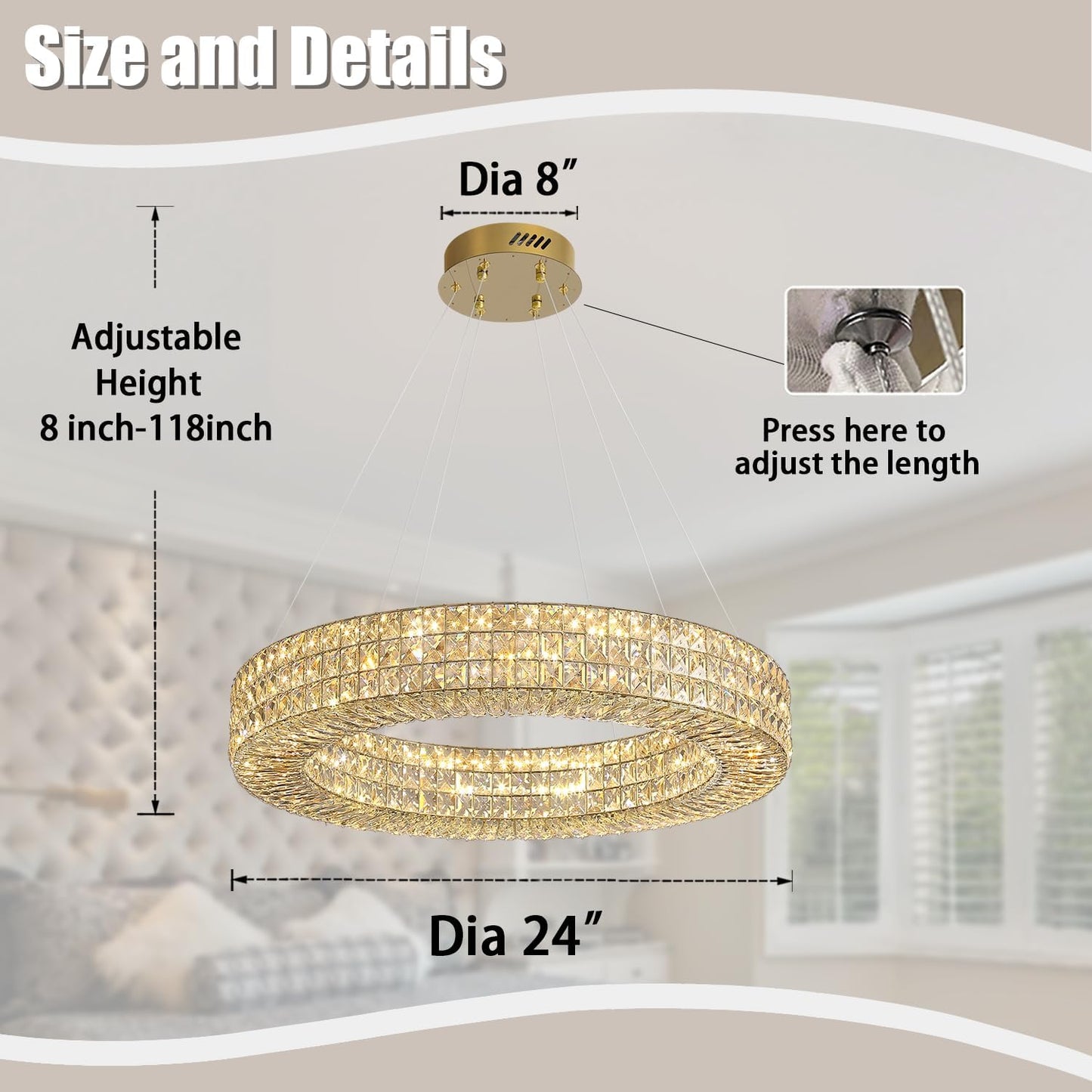 Dia 24" Modern Crystal Chandelier Gold Ring Chandelier Adjustable Height Luxury Crystal Pendant Ceiling Light Fixture for Dining Living Room Bedroom