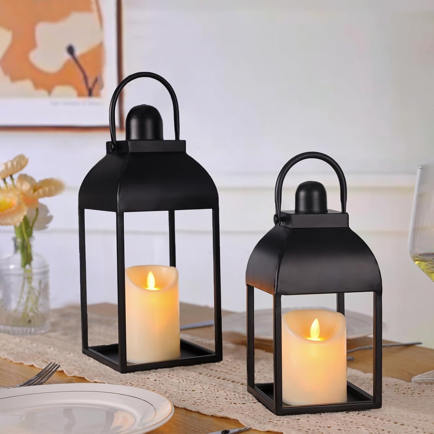 Lanterns Decorative Indoor Outdoor 15" 11" Set of 2 Lantern Decor Black Metal Candle Lanterns with Flameless Candles, Outdoor Lanterns for Porch Patio Wedding Mantle Home Decor