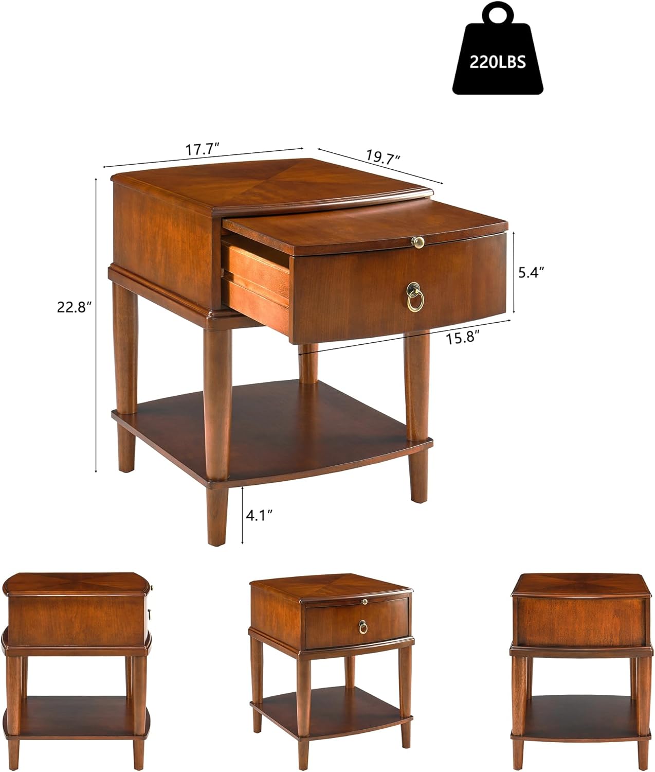 Set of 2 Solid Wood Square End Table with Drawer, 2 Tier Wooden Sofa Side Table with Sliding Shelf & Lower Shelf, Nightstand Bedside Table for Living Room Bedroom, 19.7x17.7x22.8in