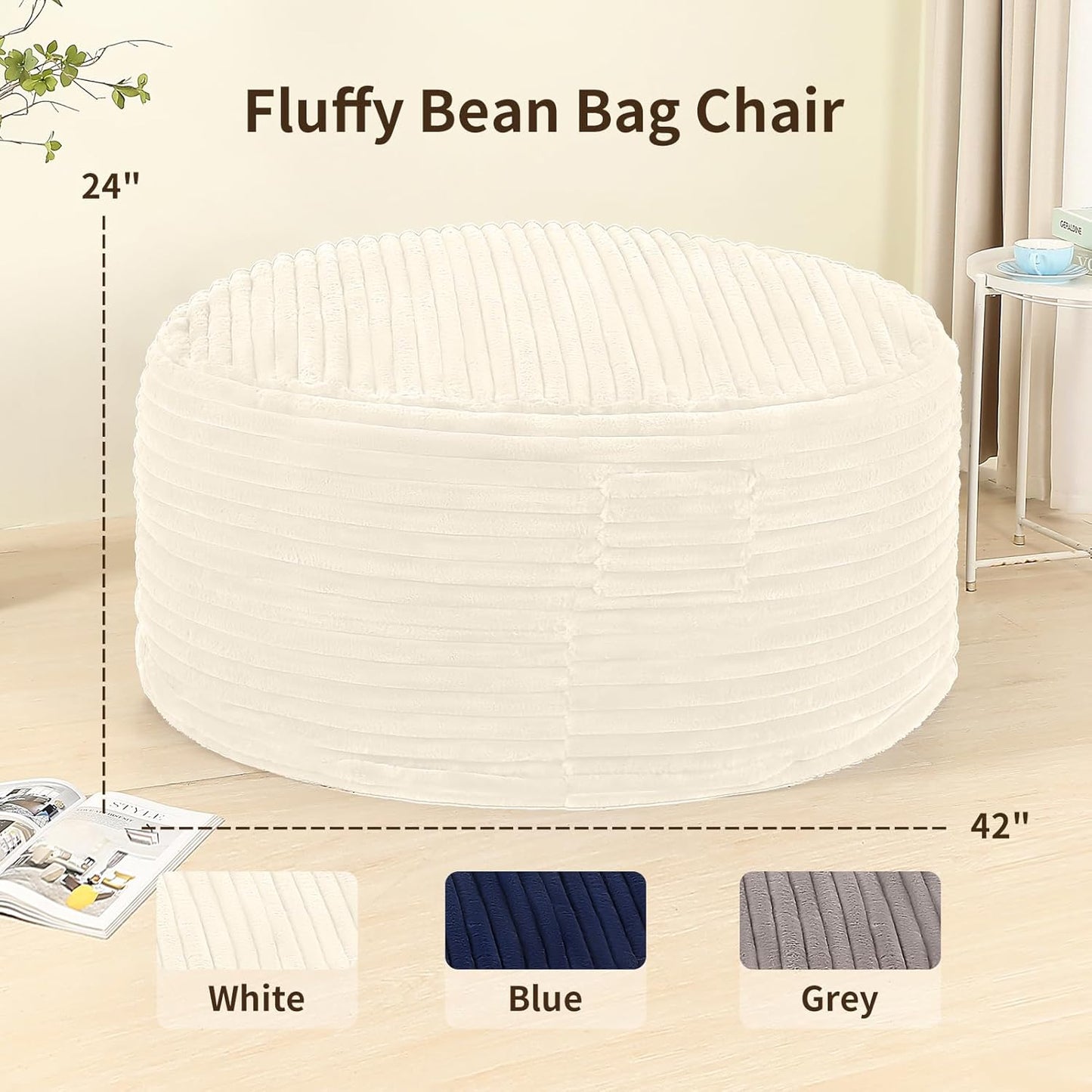Memory Foam Bean Bag Chair for Adults/Teens, Bean Bag Sofa with Fluffy Removable Cover, for Living Room Bedroom, 4FT White
