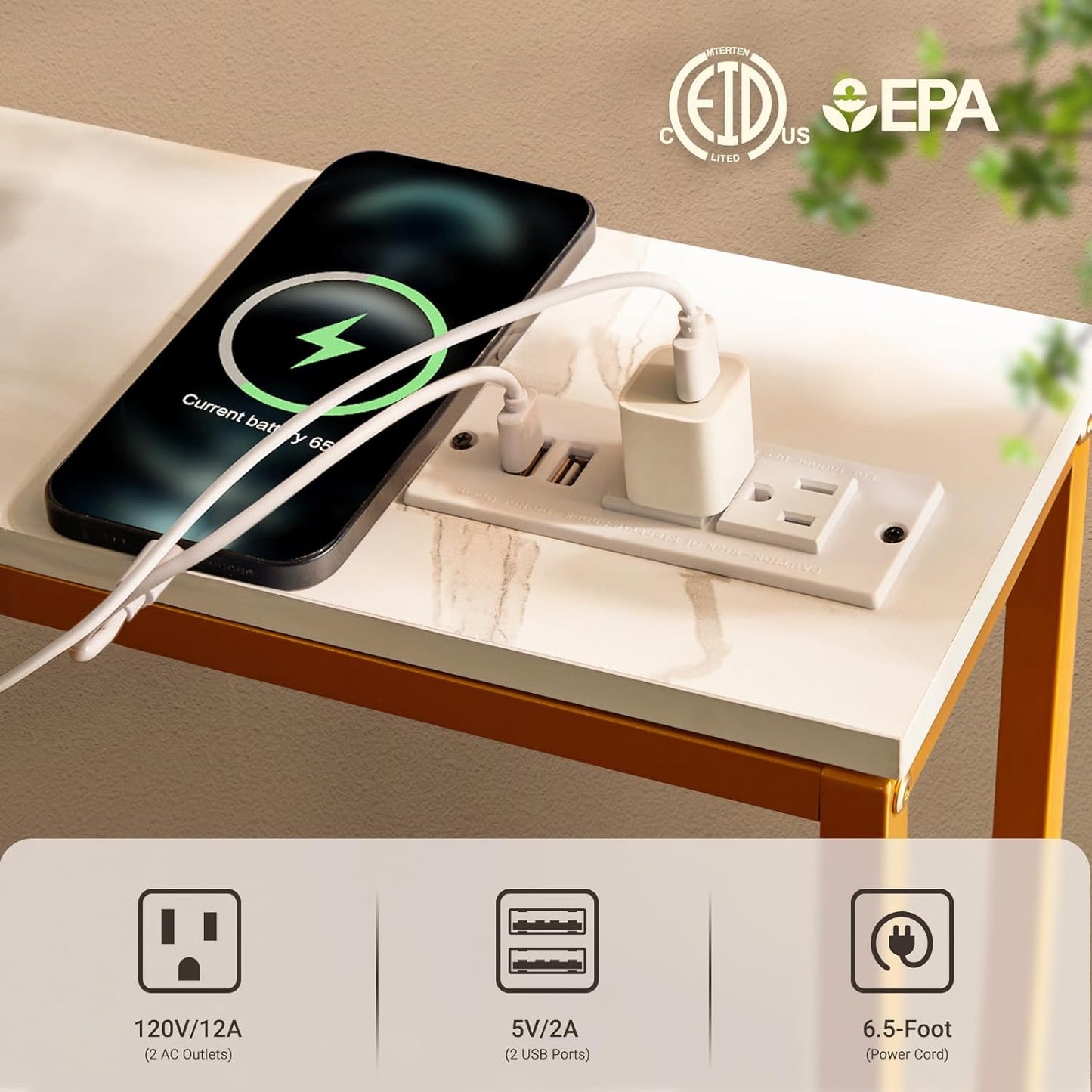 ELYKEN 2 Pack 5.9" Narrow Console Sofa Table with Power Outlets and USB Port, 5.9" Dx39.4 Wx31.1 H Marble Texture Skinny Couch Table with Golden Metal Frame