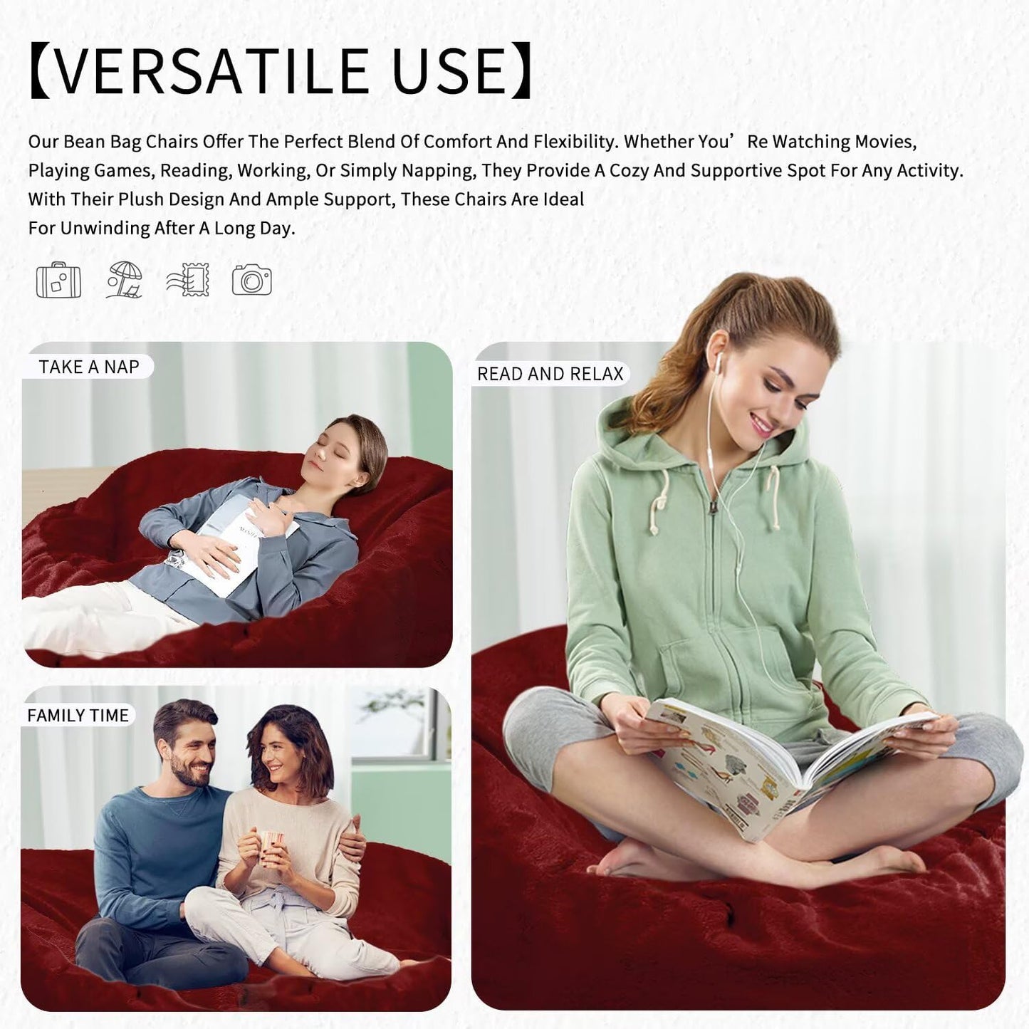 Bean Bag Chair for Adults 8FT,Soft Removable Cover for Teens/Girls Bedroom,Fluffy Giant Round Floor Beanbag Lounger Chairs (No Filler,Claret)