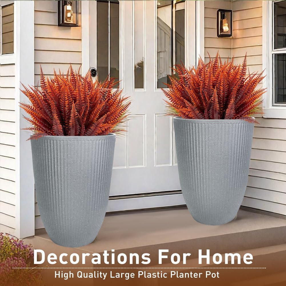 2 Pcs Pack 18.5 Inches Heavy Duty Plastic Resin Tall Tapered Planter Pots Large Round Planter Flower Pot with Drainage Holes for Indoor Outdoor Deck Porch Garden Home Patio Front Door (Light grey, M)