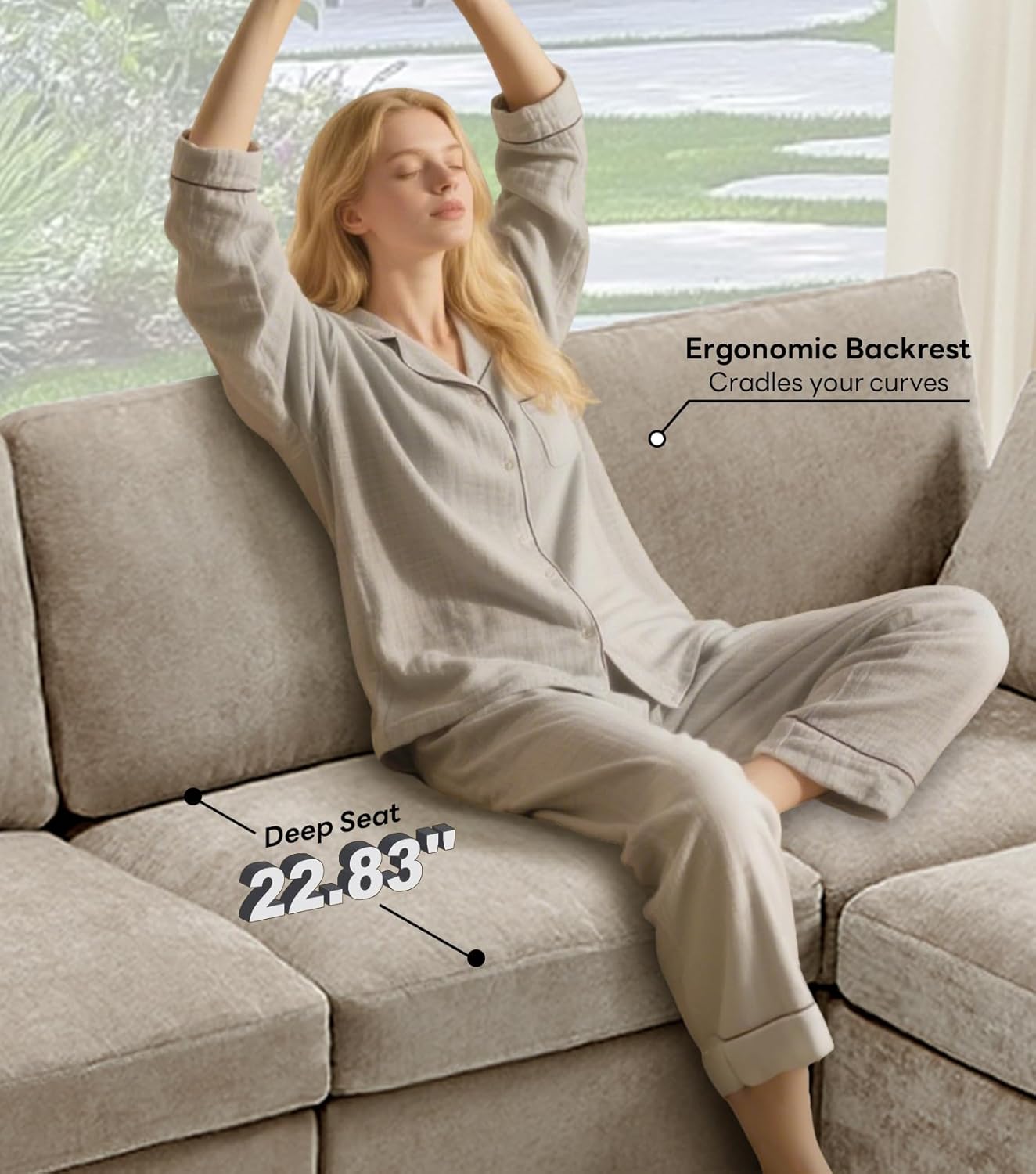 Tbfit 85" Convertible L Shaped Couch, Sectional Sofa for Living Room,Chenille Cloud Couch with Ottoman 4 Seat, Khaki