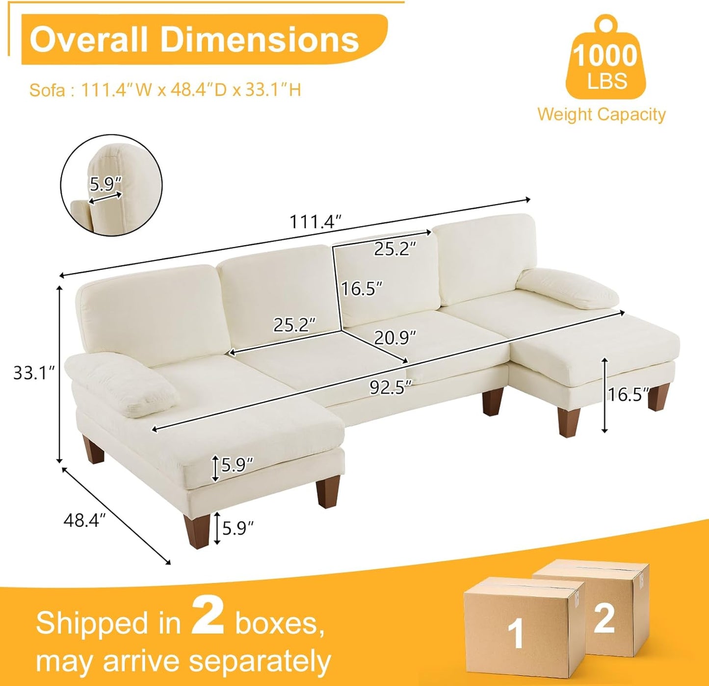Karl home U-Shape Sectional Sofa Couch 111" Modern 4-Seat Sofa with Chaises Chenille Fabric Upholstered Covertible Couch with Wood Grain Legs for Living Room, Reception Room, Apartment, Beige