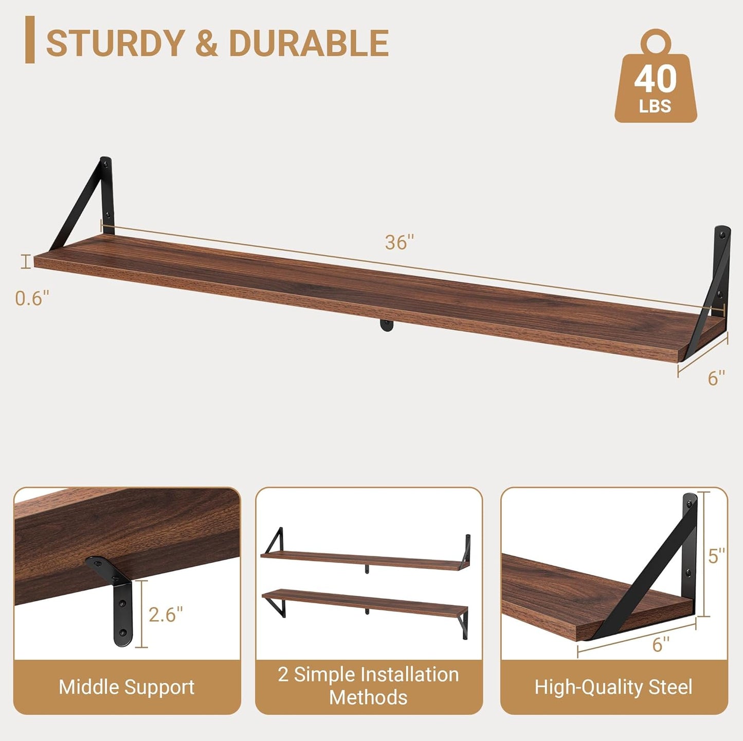 Heimlove Floating Shelves for Wall, 36 Inch Long Wood Floating Bookshelf Set of 3, Wall Mounted Hanging Shelf for Bathroom Bedroom Kitchen, Walnut