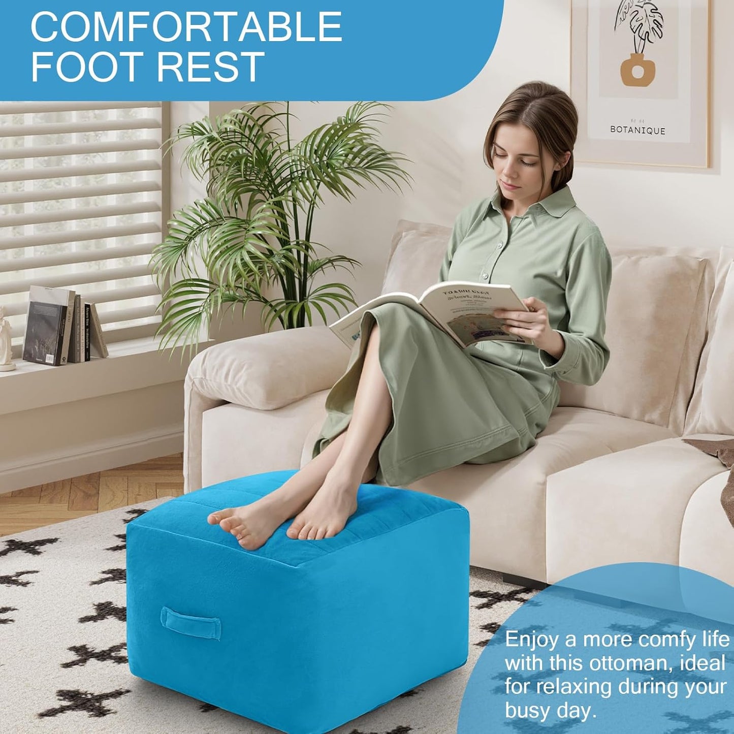 MeMoreCool Square Stuffed Pouf Ottoman Foot Rest, Floor Pouf Foot Stool with Foam Chunk Filling, Soft Stuffed Ottoman Footrest for Living Room, Blue