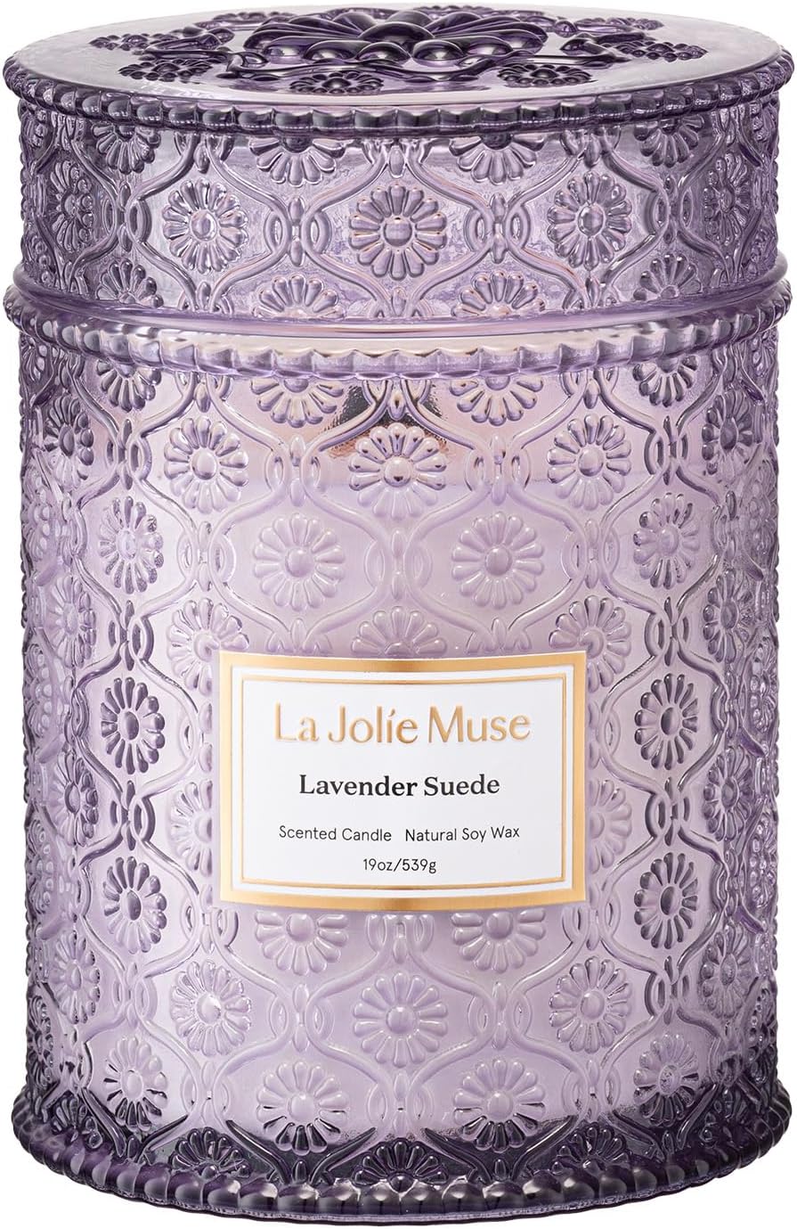LA JOLIE MUSE Lavender Suede Candle – Eucalyptus, Lavender & Sandalwood 19 oz Large Wooden Wick Candle | Natural Soy Wax | 90 Hours Clean Burn | Aromatherapy Candle for Relaxation