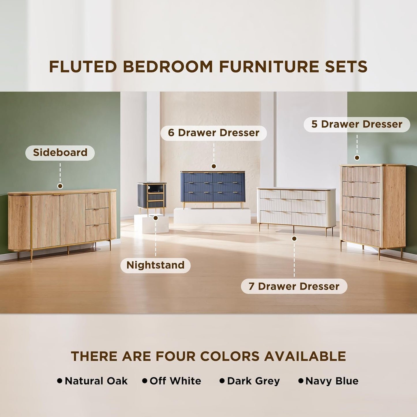 T4TREAM Fluted 5 Drawers Dresser for Bedroom, 48" Tall Modern Dresser Chest of Drawers, Gold Accents, Fluted Fronts, Wood Storage Dressers Organizer for Bedroom, Living Room, Dark Walnut