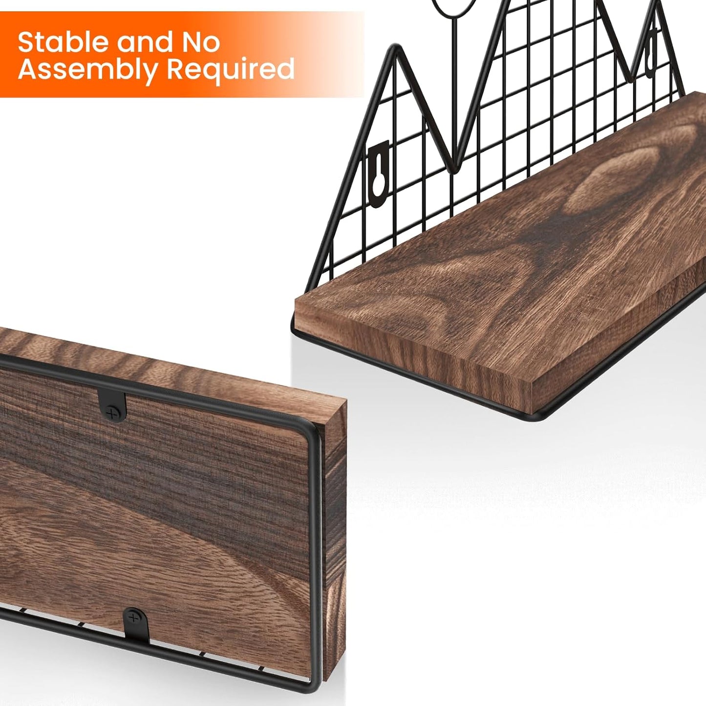 Homode Floating Shelves, Set of 2 Mountain Wall Shelves, Rustic Wood Display Storage Shelf with Metal Wire, Geometric Decor for Bathroom, Nursery, Bedroom, Office, Brown and Black