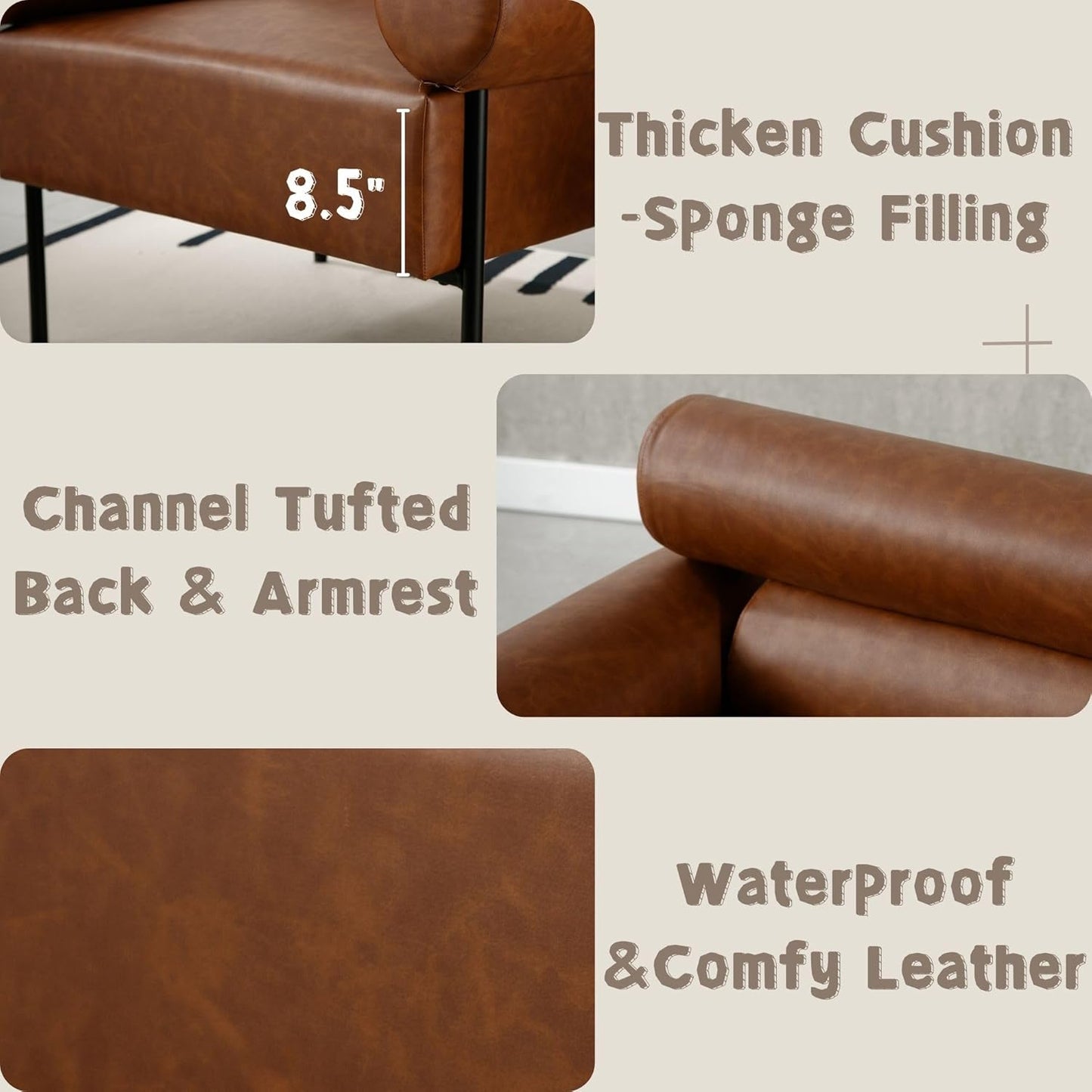 Modern Accent Chairs Set of 2, Single Sofa Accent Chairs for Living Room, Oversized Upholstered Leather Mid-Century Office Reading Armchairs with Channel Tufted for Bedroom, Brown