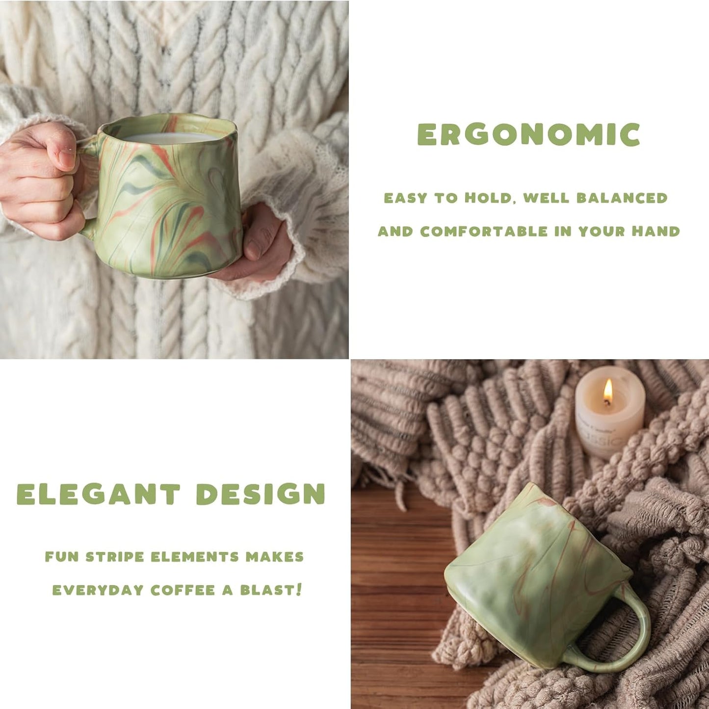 Abstract Art Ceramic Coffee Mugs Set - 1 Pack, Mint Green with Red and White Accents, Handcrafted Design for Modern Kitchen or Office