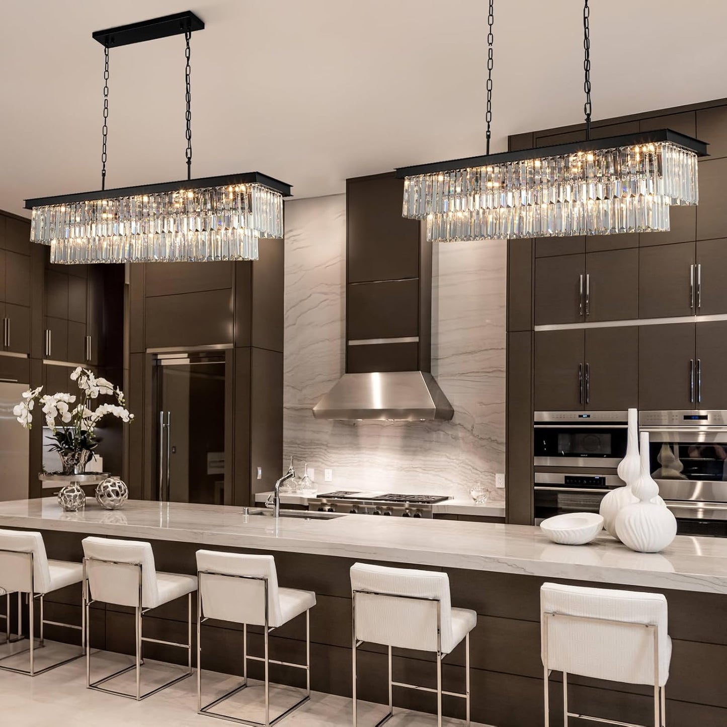 Crystal Chandeliers for Dining Room Light Fixtures Over Table，15-Lights Black Modern Rectangle Chandeliers for Kitchen Island Bar L40 Inch