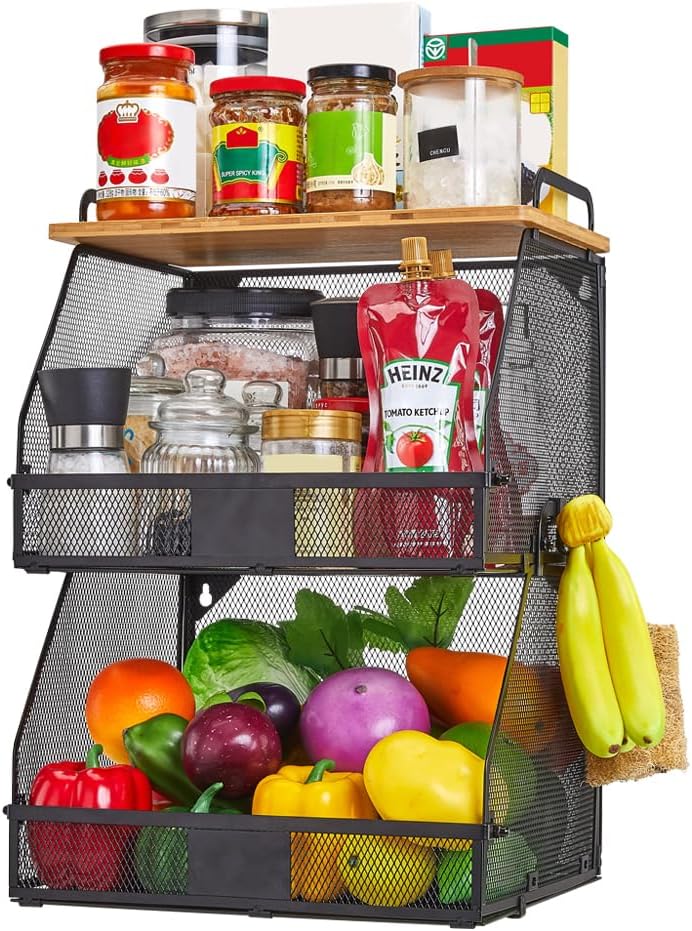 2 Tier Stackable Hanging fruit basket for kitchen counter,hanging Wall baskets with Bamboo Tops & Tag,Wire basket for Cabinet Shelf Countertop Pantry Organizer Bins, onion potato Vegs Bread Organizing