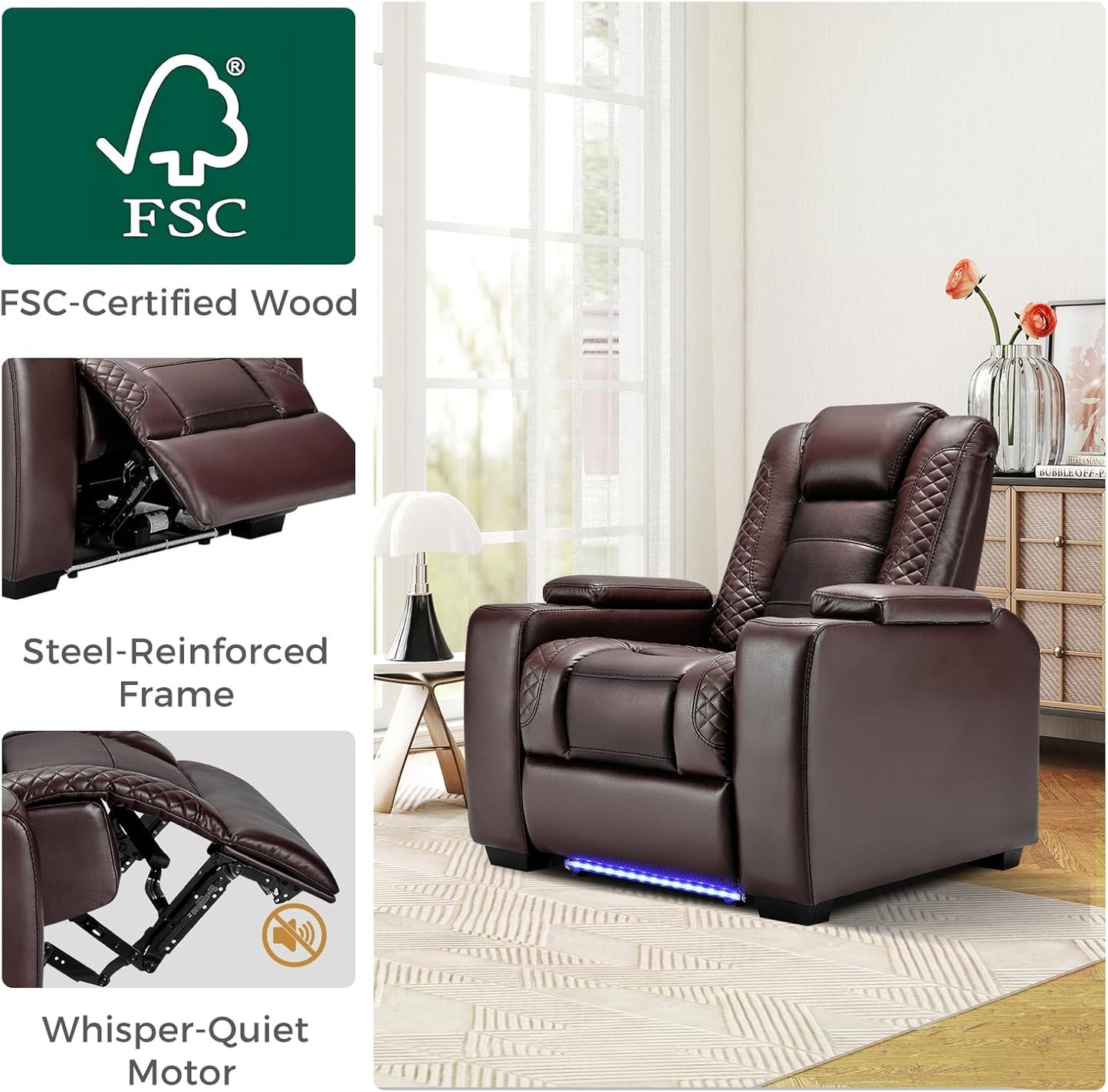 ANJ Power Home Theater Seating, PU Leather Electric Recliner Chair with Powered Headrest, Dual Motors Movie Reclining Chairs with LED Lights,USB Port, Cup Holders, Hidden Arm Storage (Brown)