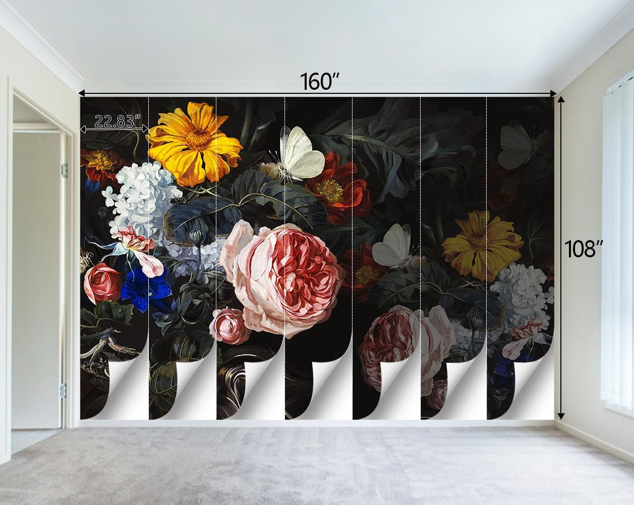 Vintage Black Flowers Mural Bedroom Peony Floral Wallpaper Room Decor Living Room tv Background Large Wall Mural - 160"x108" (Not Peel and Stick)