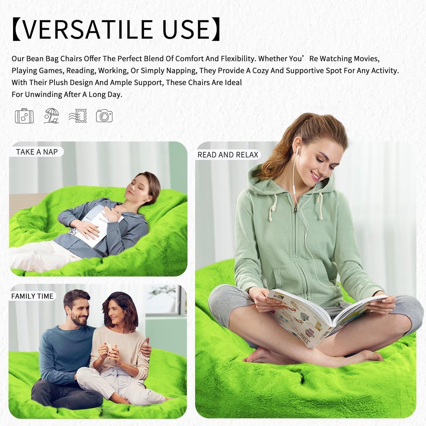 Bean Bag Chair for Adults 3FT,Soft Removable Cover for Teens/Girls Bedroom,Fluffy Giant Round Floor Beanbag Lounger Chairs (No Filler,Green)