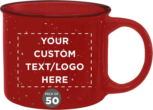 DISCOUNT PROMOS Custom Ceramic Campfire Coffee Mugs 13 oz. Set of 50, Personalized Bulk Pack - Perfect for Tea, Espresso, Cappuccino, Hot Cocoa - Red