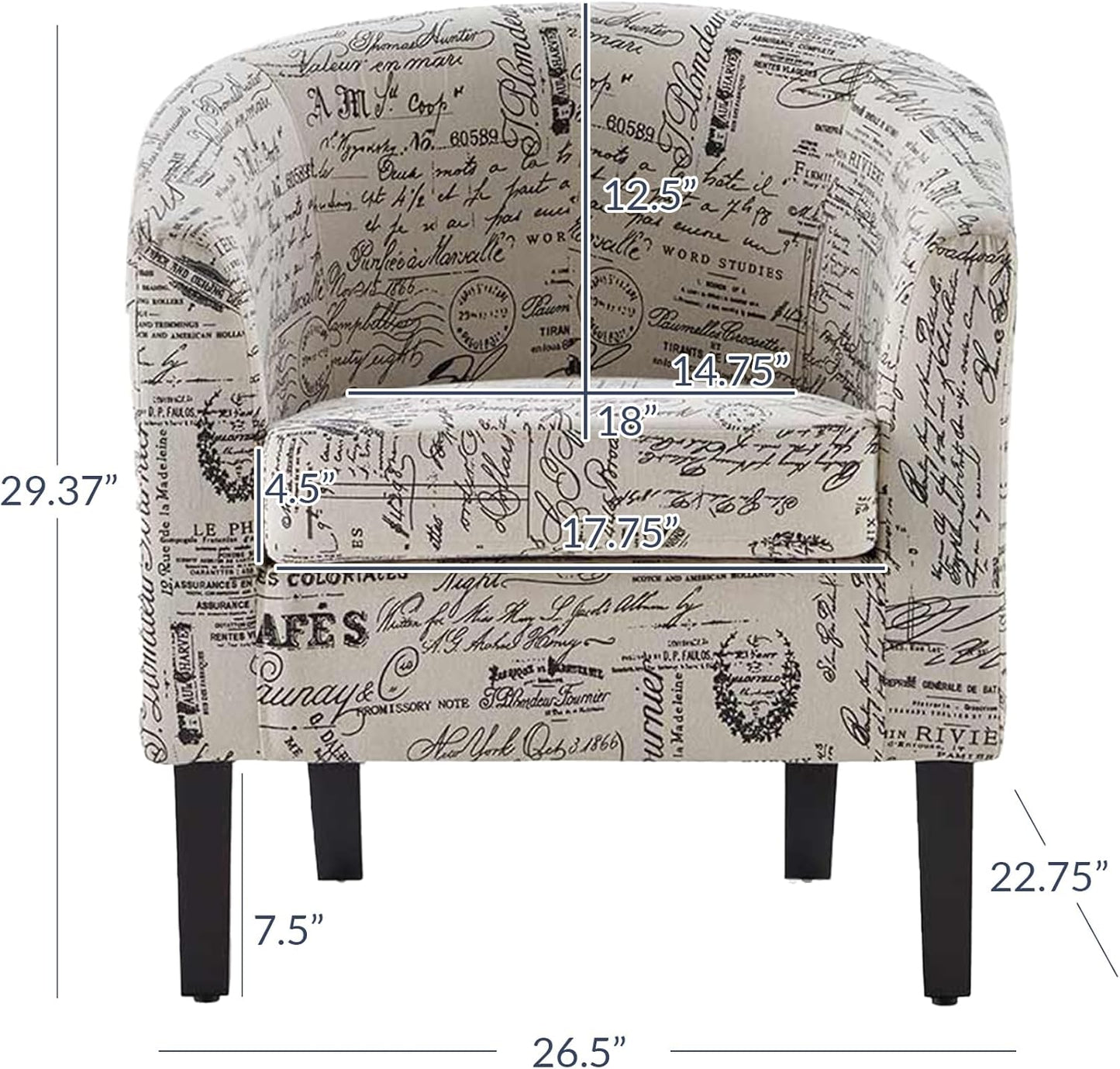 BELLEZE Accent Barrel Chair, Linen Round Chair Club Tub Sofa Corner Chair with Flared Legs and Cozy Soft Padding for Living Room Bedroom Waiting Room - Black & Beige