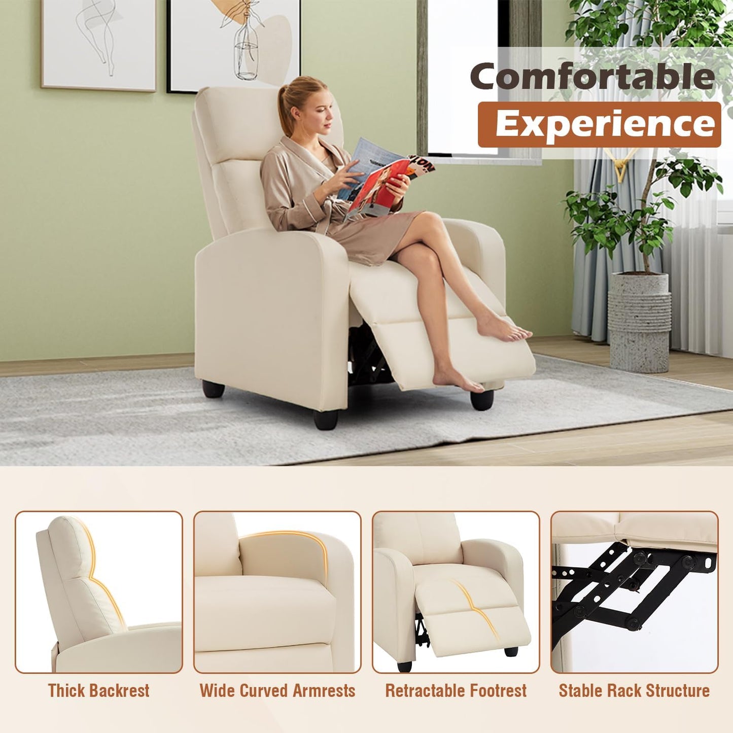 BestMassage | Recliner Chair | No Massage Function | Pu Beige | with Lumbar Support, Adjustable Push Back, Wide Armrests, Footrest & Padded Seat | Easy Assembly | for Living Room, Home Theatre