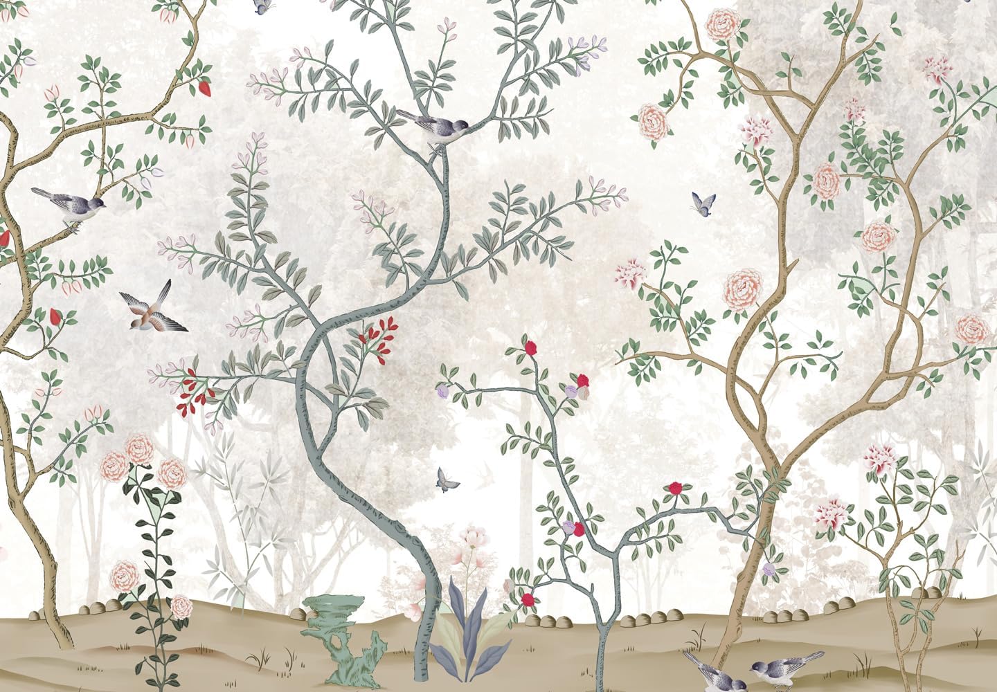 Modern Flower Bird Wallpaper Forest Mural for Bedroom Living Room (Not Peel n' Stick)