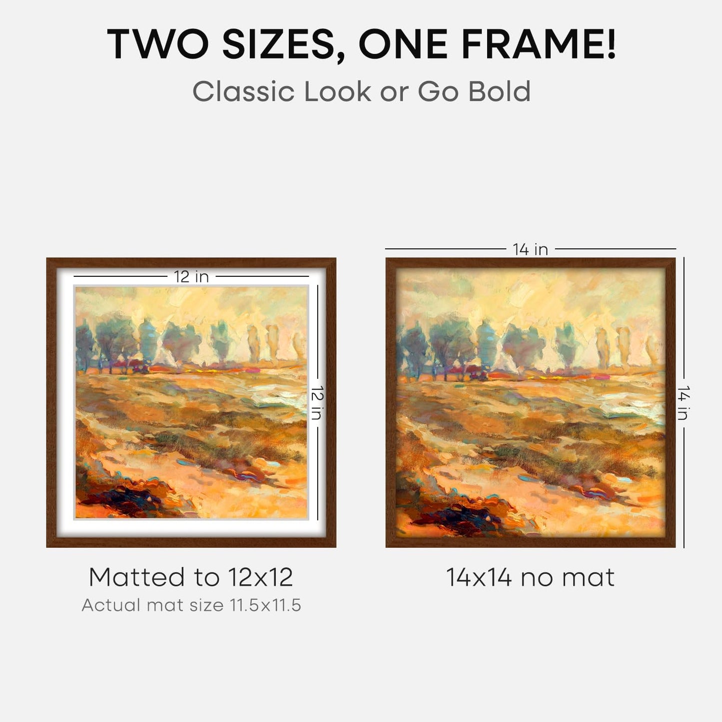 Homeforia 14x14 Picture Frame Brown, High End Dark Oak 14 x 14 Square Wood Frame with Mat 12 x 12 for Photo, 14by14 Wooden Walnut Poster Frame Matted to 12x12 Print, Tempered Glass, Wall Kit, Set of 1