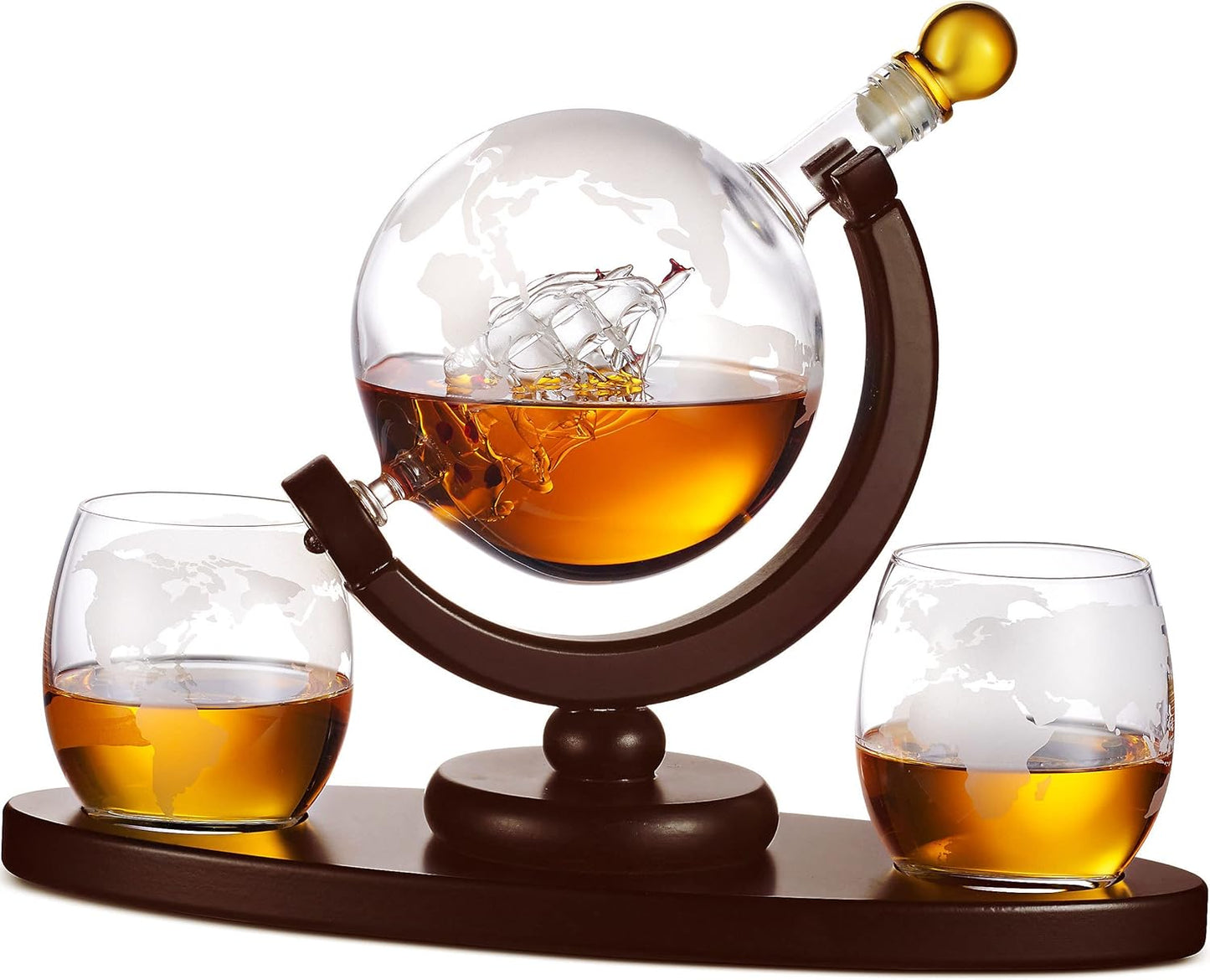 Whiskey Decanter Globe Set with 2 Etched Whiskey Glasses - for Liquor Scotch Bourbon Vodka, Gifts For Men - 850ml