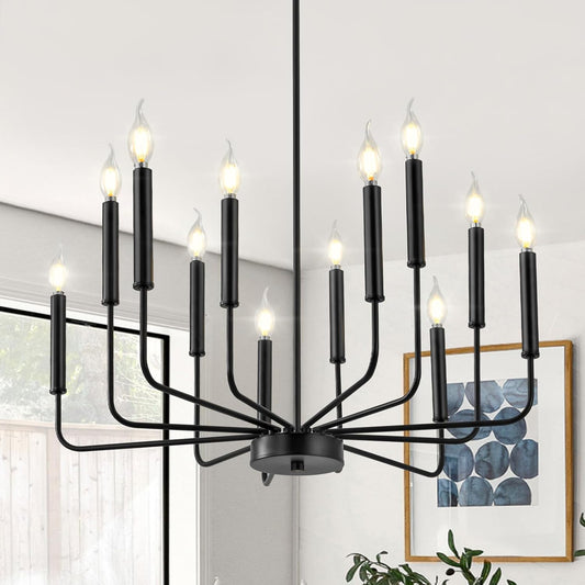 Modern Black Farmhouse Chandeliers, 12-Light Industrial Metal Chandelier Lighting, Classic Candle Hanging Pendant Light Fixtures for Living Room, Dining Room, Kitchen, Bedroom, Entryway