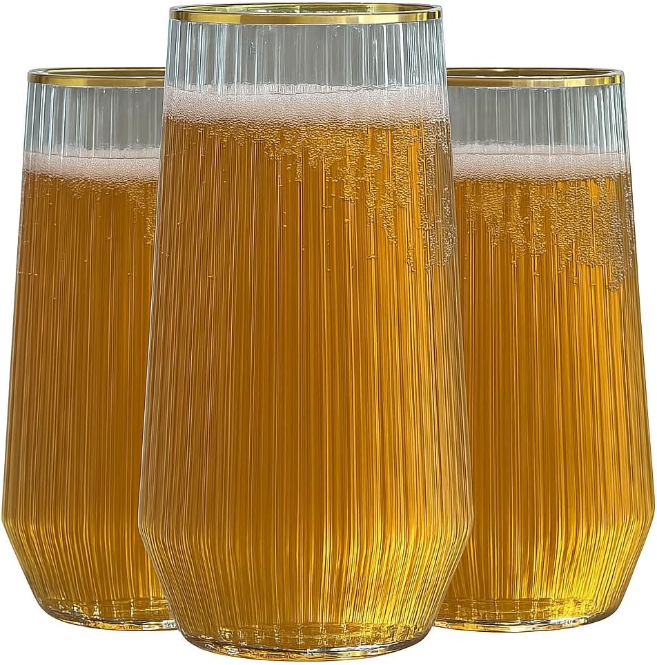 48 Pack Ribbed Ripple Stemless Toasting Glasses, Origami Durable 9 Oz BPA-Free Disposable Plastic Champagne Flutes for Weddings, Bars, Events, and Celebrations (Gold Rim)