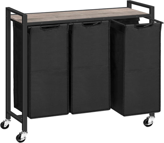 HOOBRO Laundry Sorter 3 Section, Laundry Hamper with Wheels, 3 × 11.5 Gal (43.4L), Rolling Laundry Basket, Pull-Out and Removable Oxford Fabric Bags, Greige and Black BG76XY01