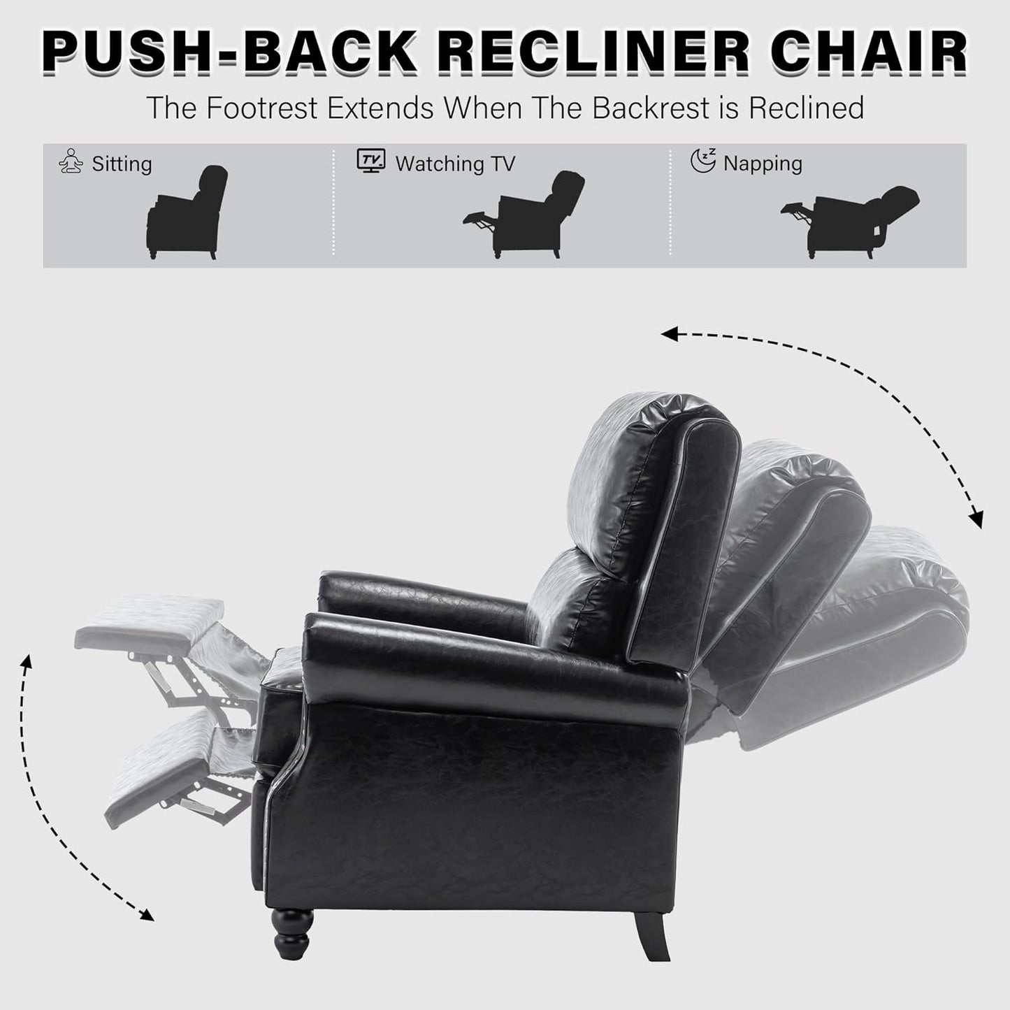 UIXE Pushback Recliner Chairs Set of 2, PU Leather Armchair Push Back Accent Chair, Rivet Trim Club Chair Home Theater Overstuffed Single Sofa Reading Seat for Living Room, Black