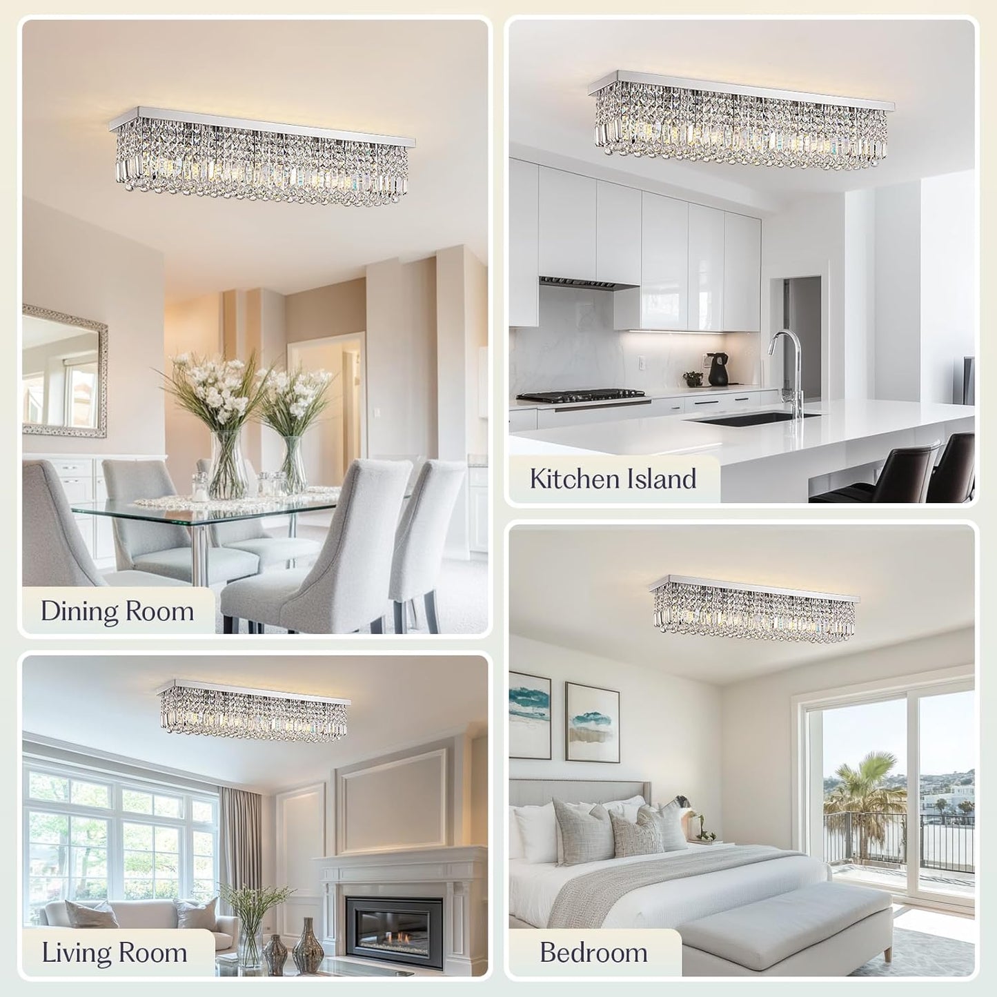 Modern Crystal Chandelier, 8-Lights Rectangle Chandelier Rectangular Flush Mount Pendant Ceiling Light Fixture K9 Crystal Raindrop Chandeliers for Dining Living Room Kitchen Island 𝐋𝟒𝟎 𝐈𝐧𝐜𝐡