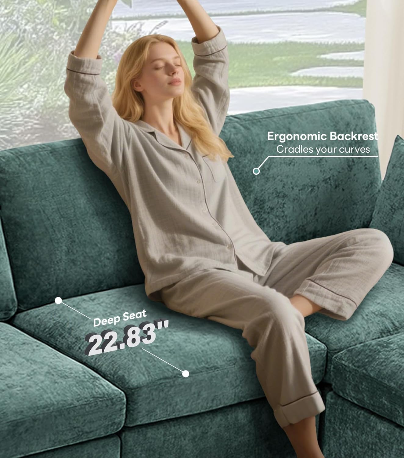 Tbfit L Shaped Couch 8 Seat, Sectional Sofa for Living Room,Chenille Cloud Couch with Ottoman, Green