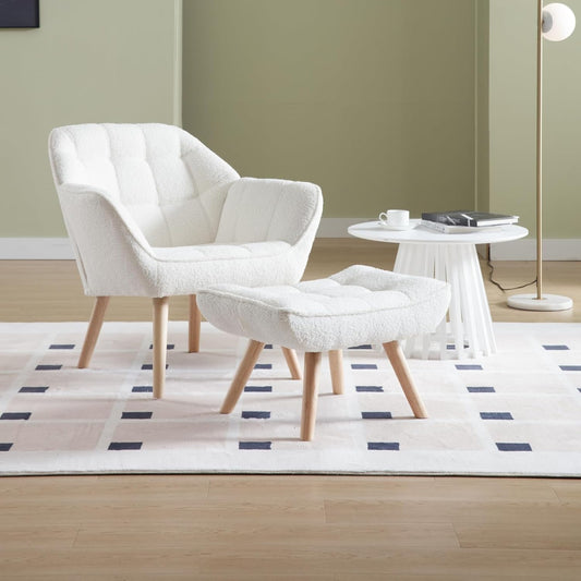 Modern Sherpa Accent Chair with Ottoman, Fluffy Upholstered Lounge Chair with Footrest, Comfy Living Room Side Boucle Armchair for Small Space Bedroom Apartment, White