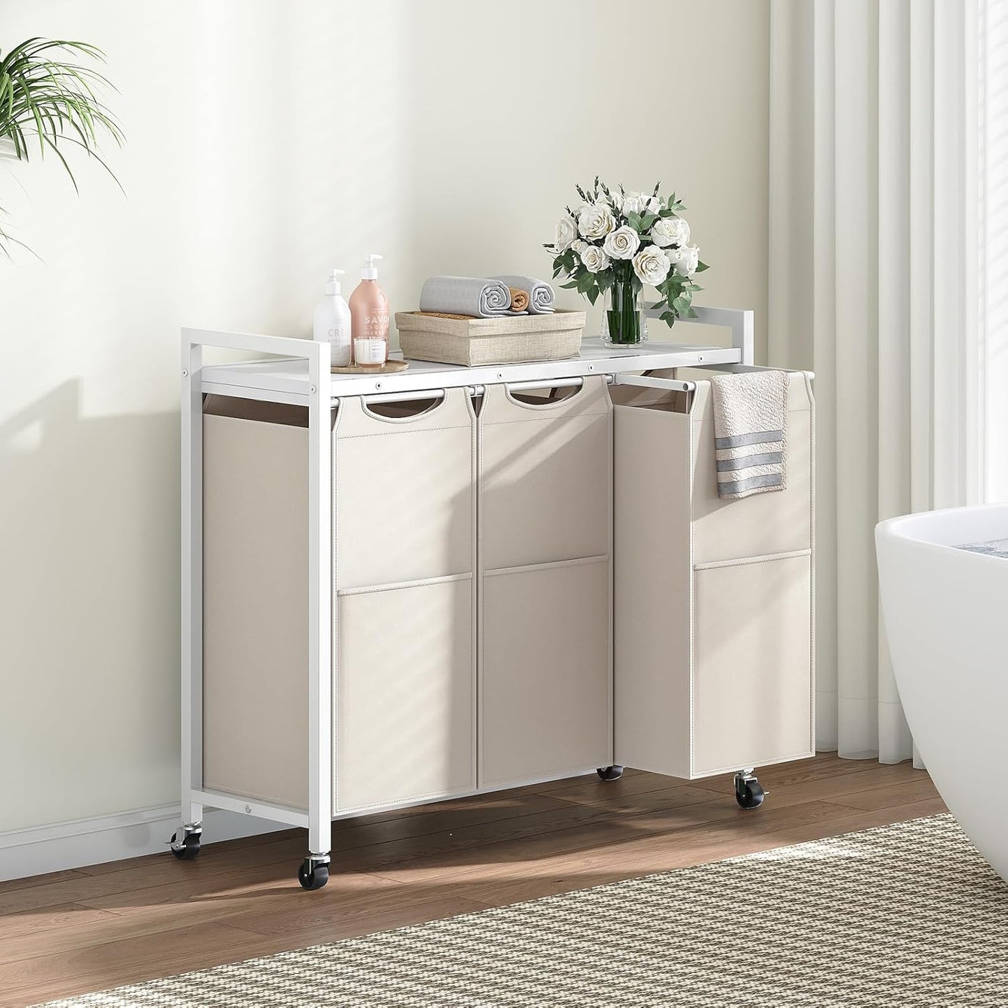 HOOBRO Laundry Sorter 3 Section, Laundry Hamper with Wheels, 3 × 11.5 Gal (43.4L), Rolling Laundry Basket, Pull-Out and Removable Oxford Fabric Bags, White WG76XY01