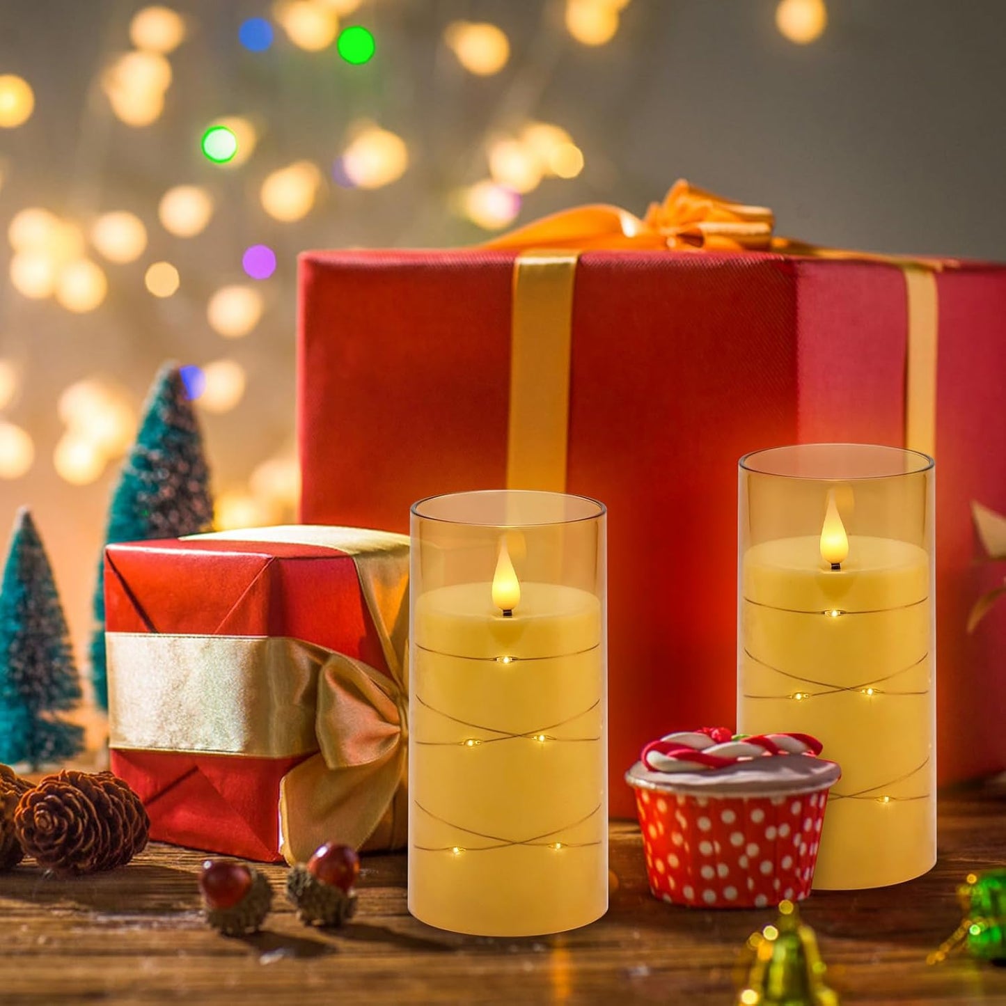 Aignis Flickering Flameless Candles Battery Operated Candles LED Candles with Remote Timer for Home/Wedding/Birthday/Holiday Decor ，Brown 3D Flame Set of 2 (D3 xH6 6")